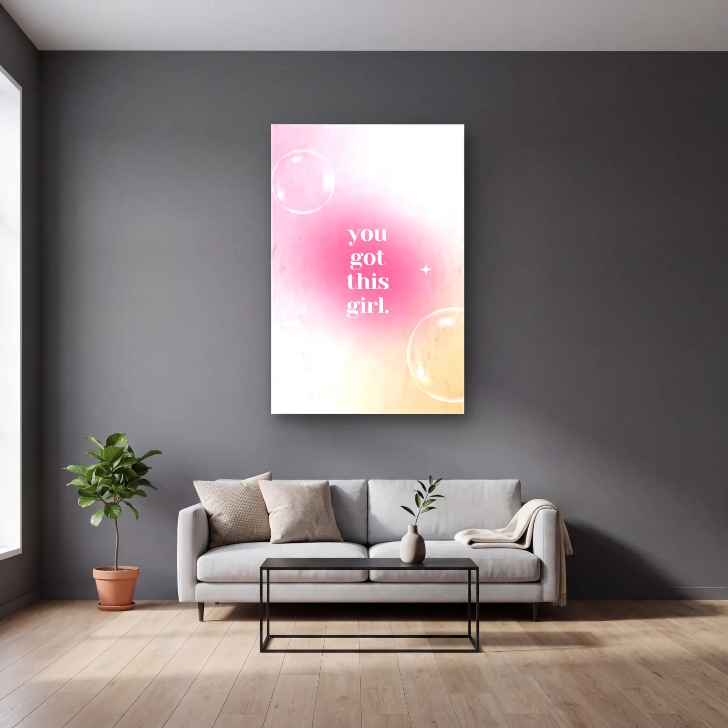 Pastel Söz Posteri No. 11 cam tablo — gri duvarlı salonda