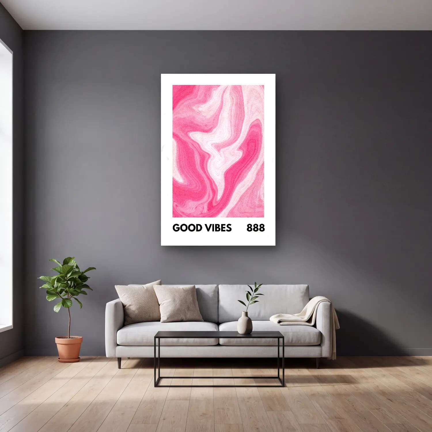 Pastel Mermer Doku No. 5 cam tablo — gri duvarlı salonda