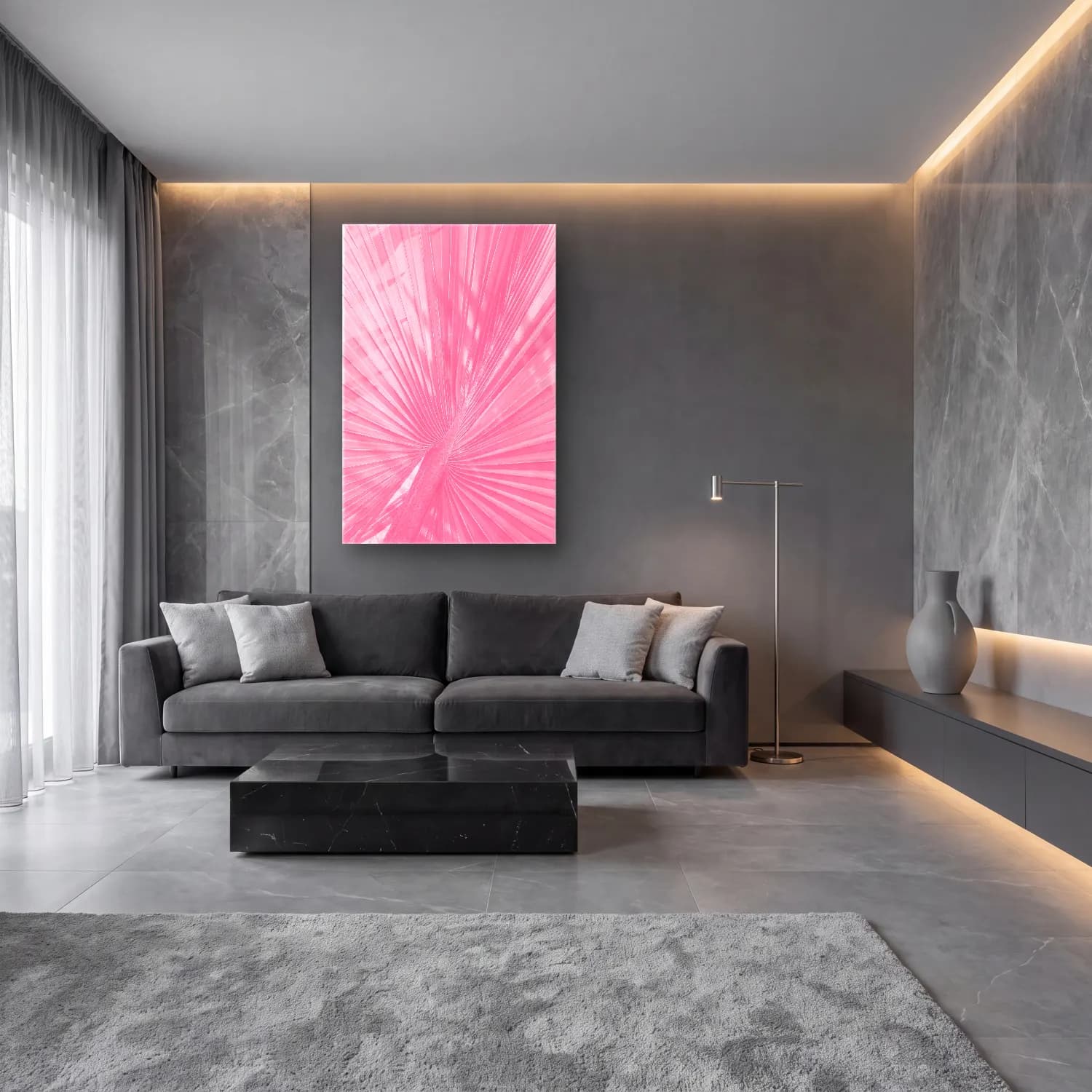 Pastel Palmiye Yaprağı cam tablo — lüks salon duvarında
