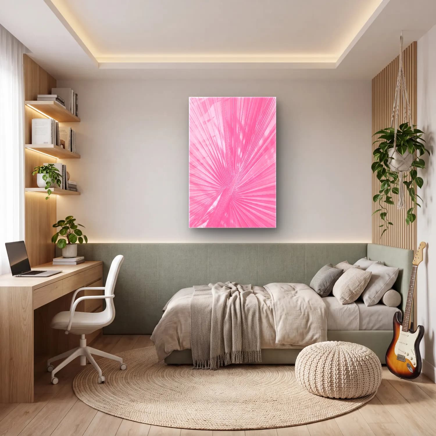Pastel Palmiye Yaprağı cam tablo — genç odasında