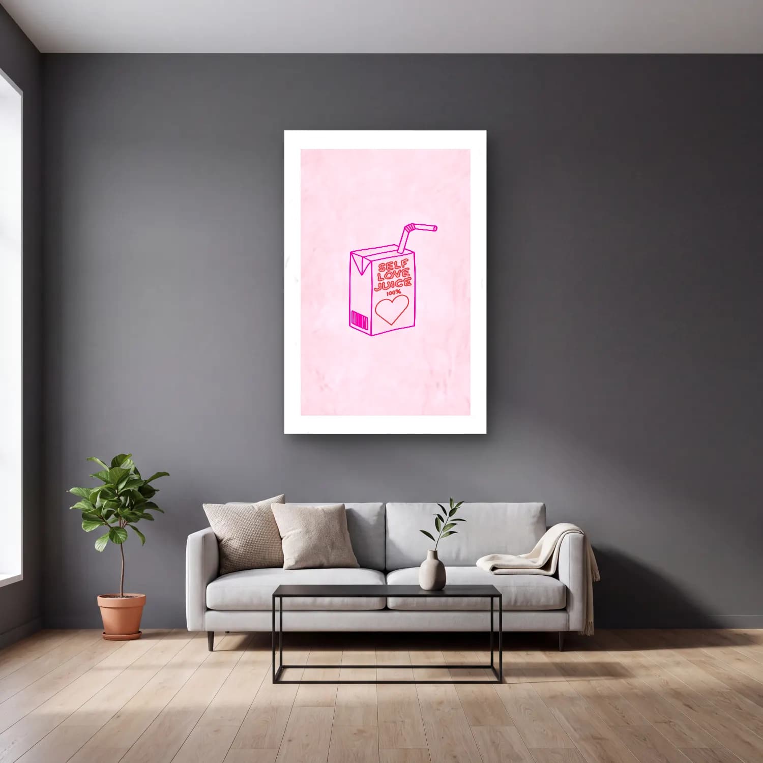 Pastel Çay Fincanı No. 7 cam tablo — gri duvarlı salonda