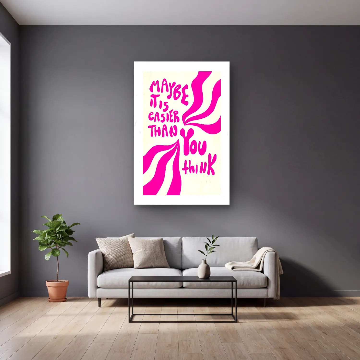 Retro Söz Posteri – Pembe Tonlar cam tablo — gri duvarlı salonda