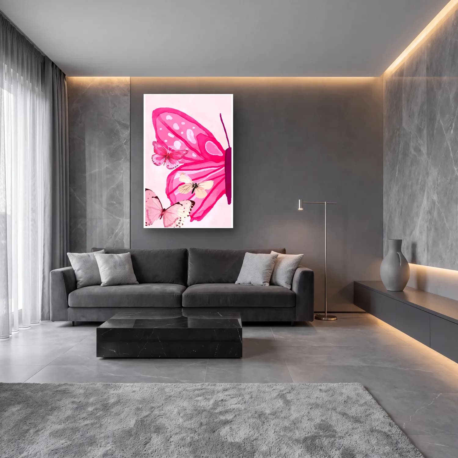 Pastel Kelebek No. 16 cam tablo — lüks salon duvarında