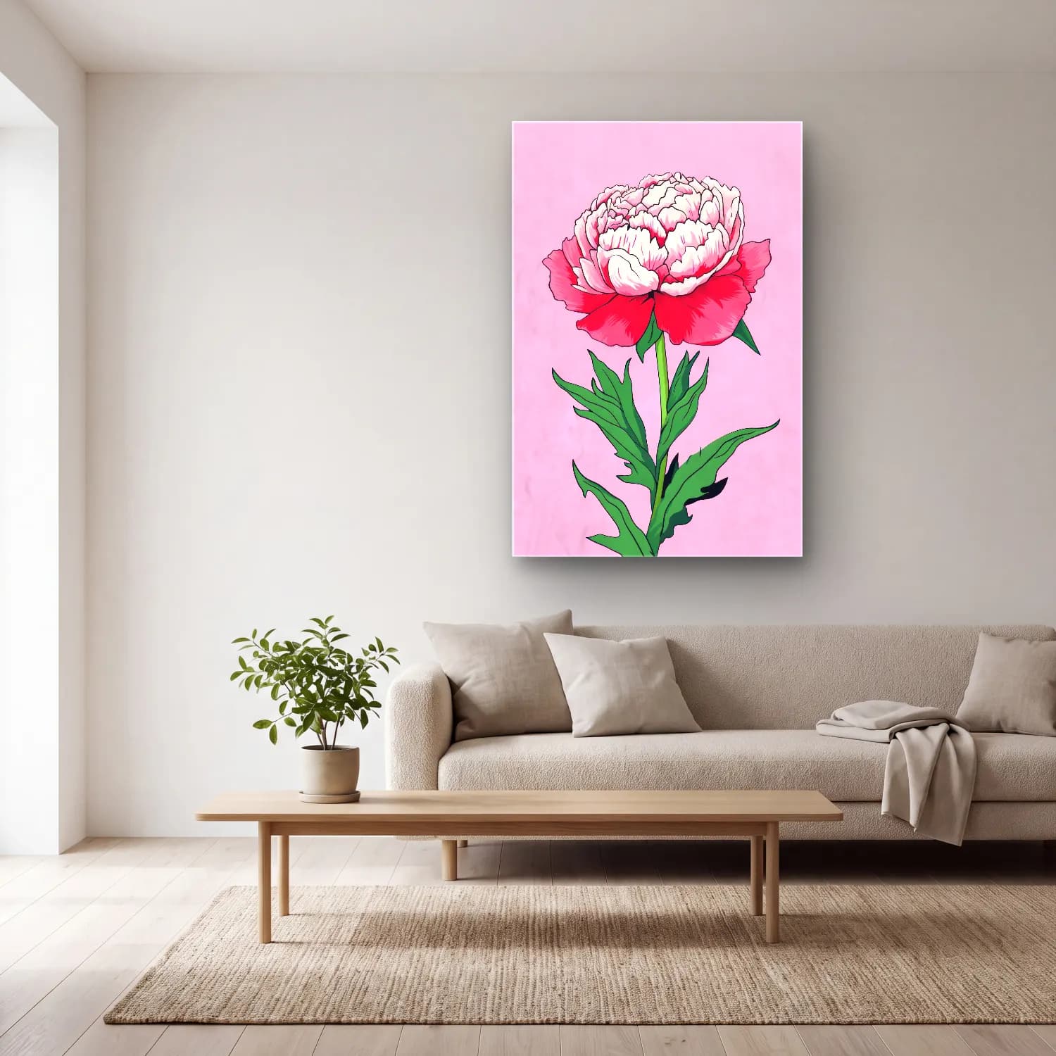 Botanik İllüstrasyon Pembe Şakayıklar No. 7 cam tablo — açık renk salonda