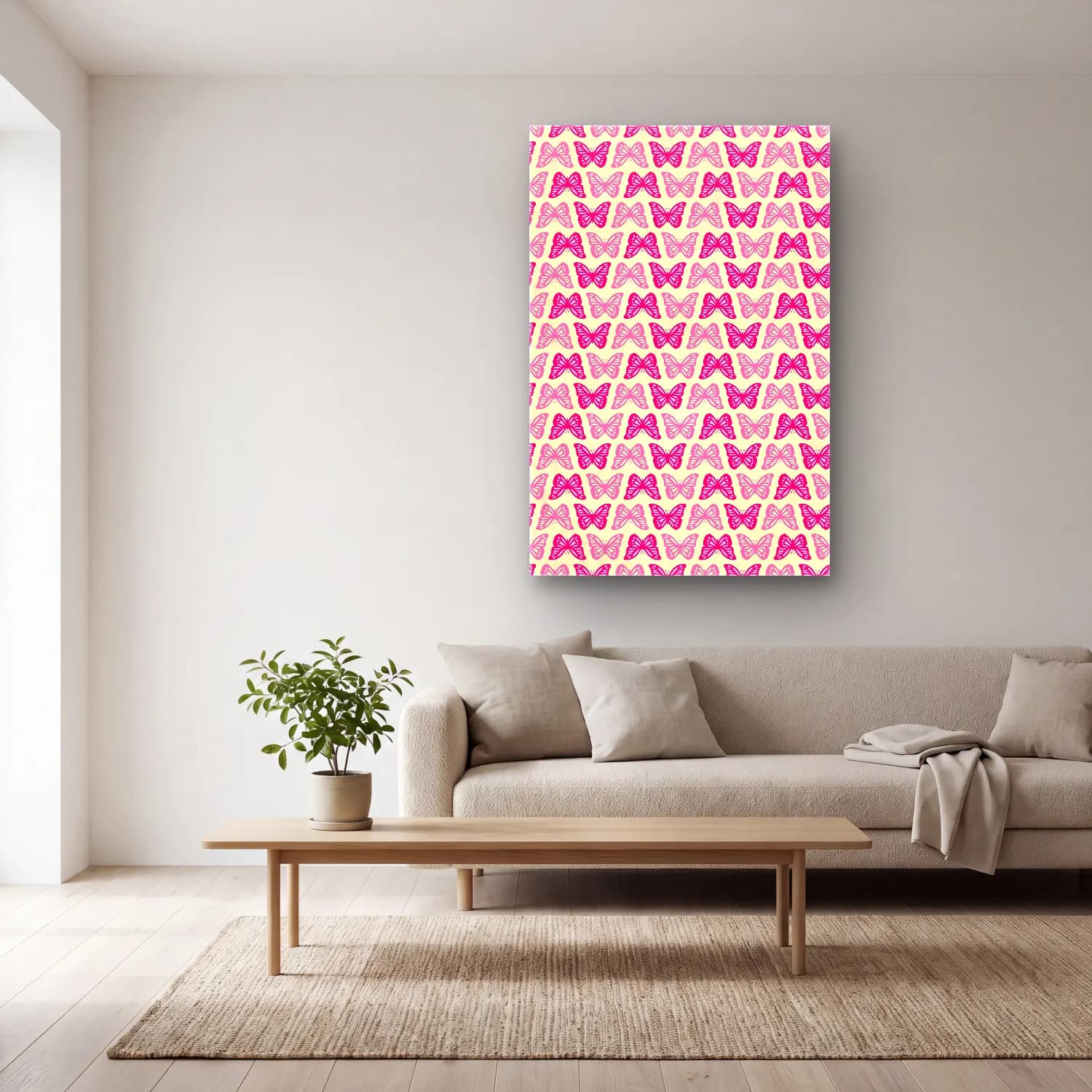 Pastel Fiyonk No. 62 cam tablo — açık renk salonda