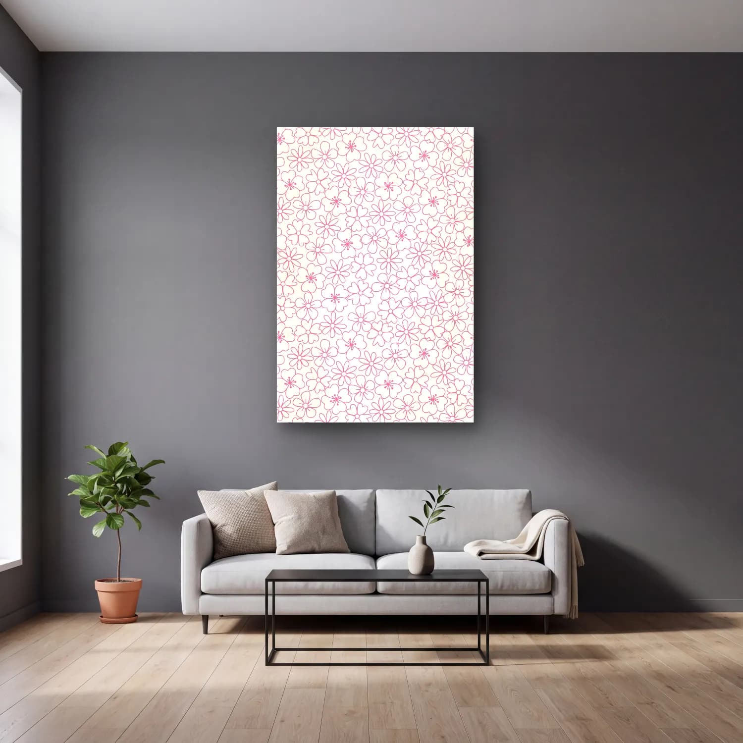 Çizgi Sanatı Çiçek Deseni – Pembe Tonlar cam tablo — gri duvarlı salonda