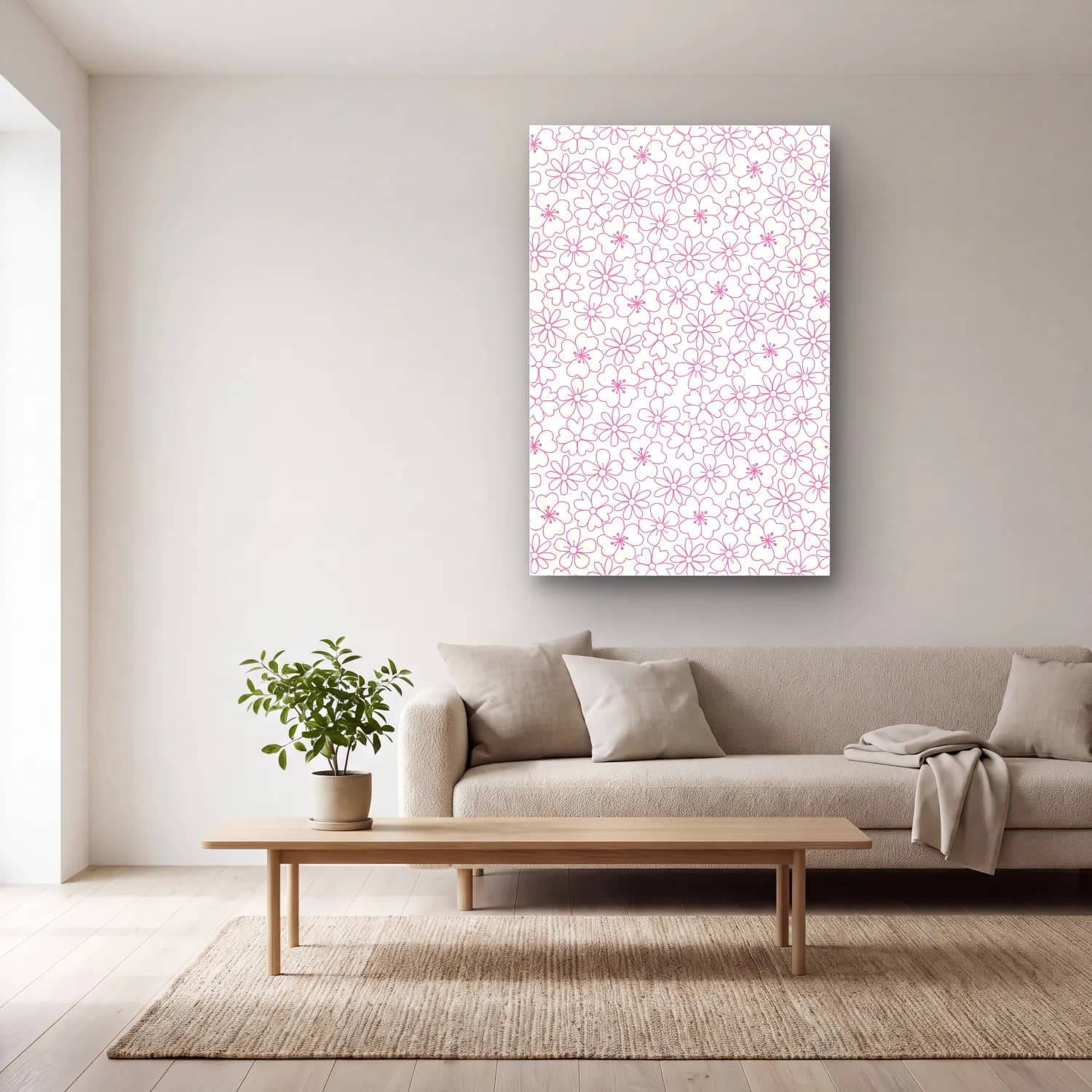 Çizgi Sanatı Çiçek Deseni – Pembe Tonlar cam tablo — açık renk salonda