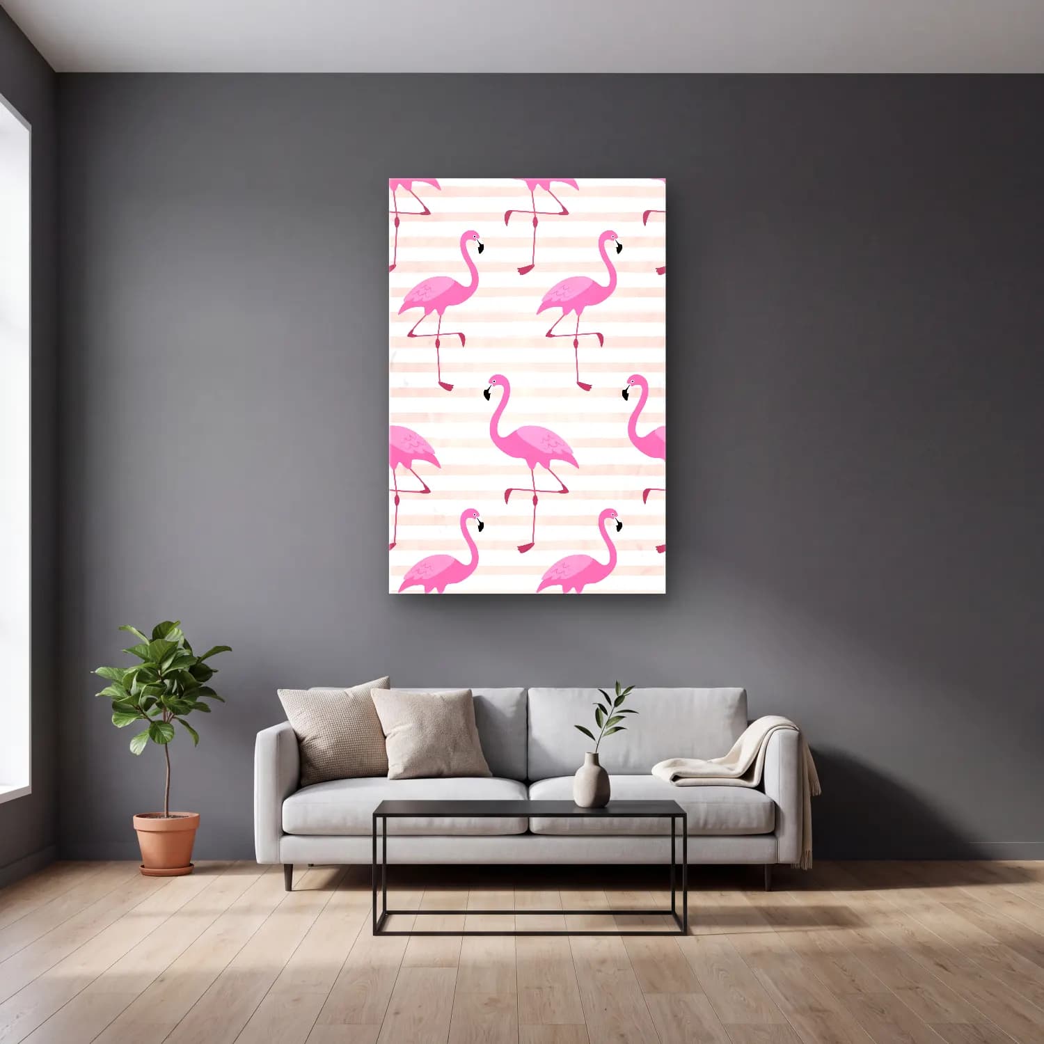Pastel Flamingo No. 6 cam tablo — gri duvarlı salonda