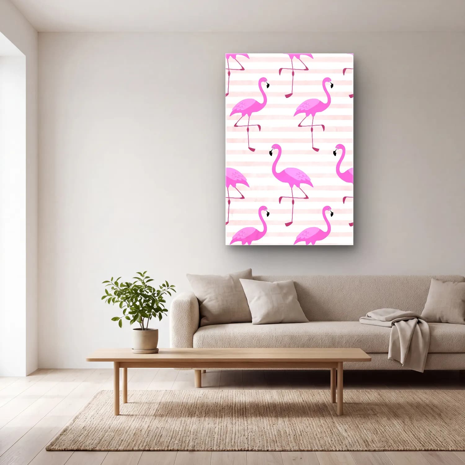 Pastel Flamingo No. 6 cam tablo — açık renk salonda