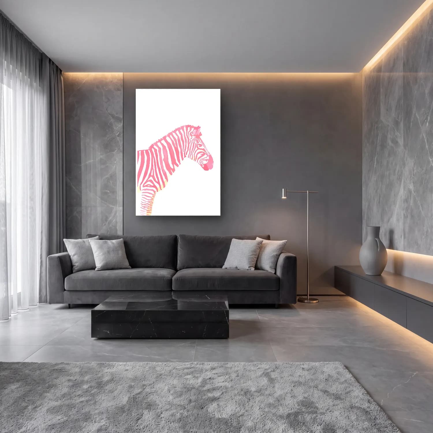 Pastel Zebra cam tablo — lüks salon duvarında