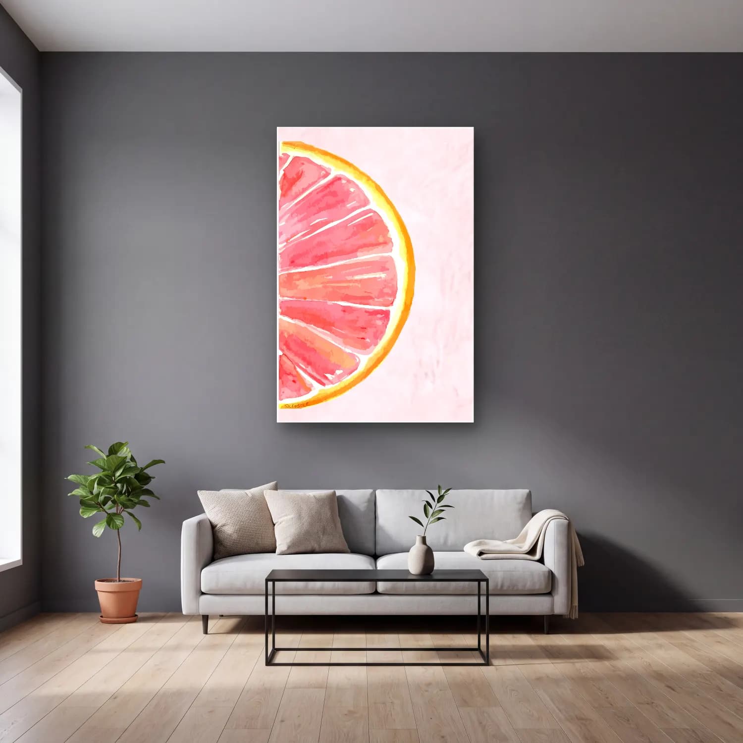 Pastel Karpuz No. 7 cam tablo — gri duvarlı salonda