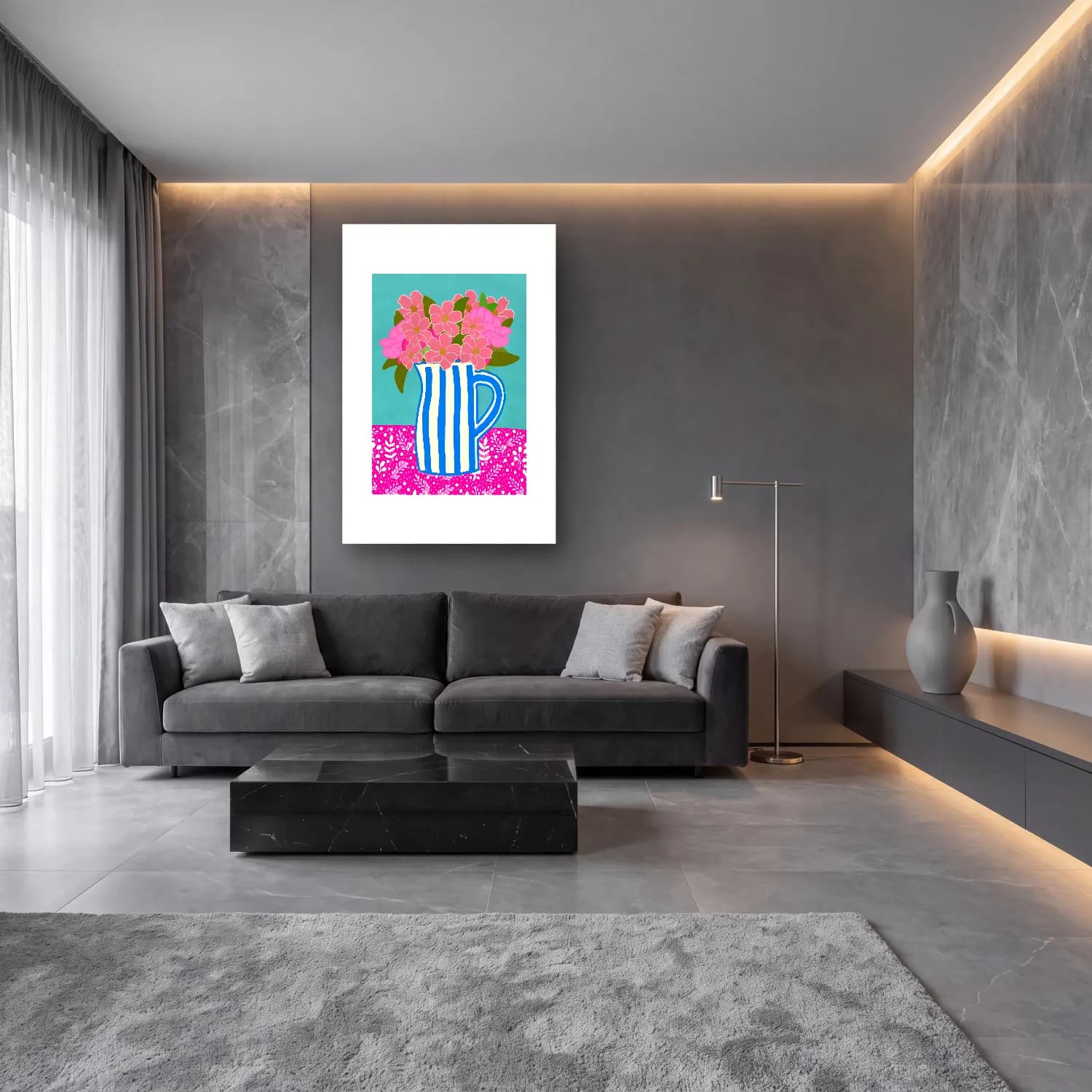 Pastel Vazo No. 11 cam tablo — lüks salon duvarında