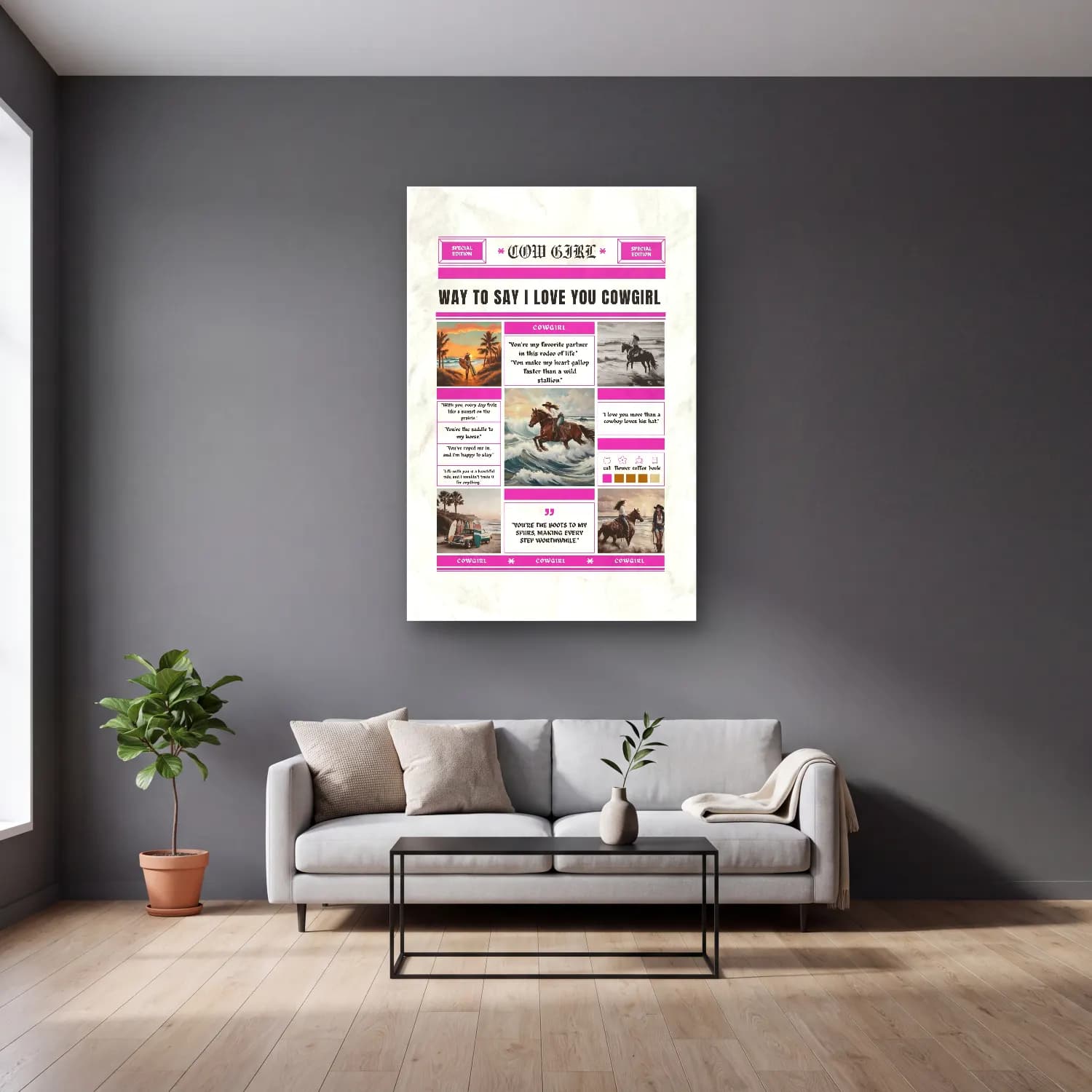 Vintage Poster Atlı – Pembe Tonlar cam tablo — gri duvarlı salonda