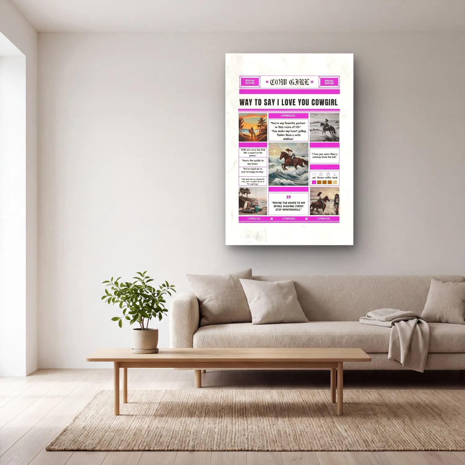 Vintage Poster Atlı – Pembe Tonlar cam tablo — açık renk salonda