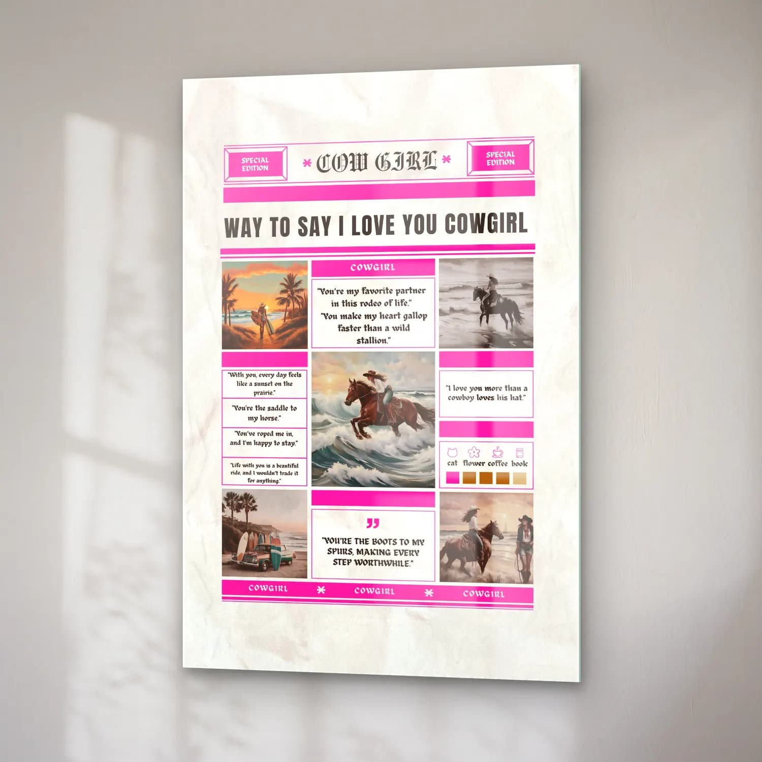Vintage Poster Atlı – Pembe Tonlar cam tablo — sağ açıdan görünüm