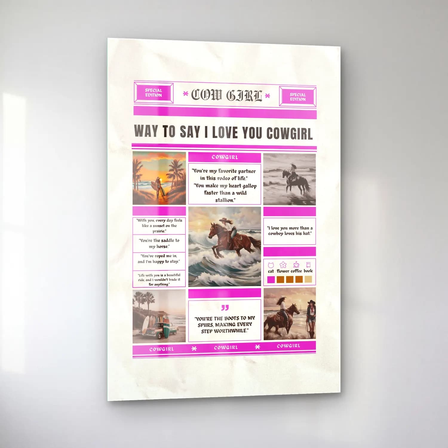 Vintage Poster Atlı – Pembe Tonlar cam tablo — sol açıdan görünüm