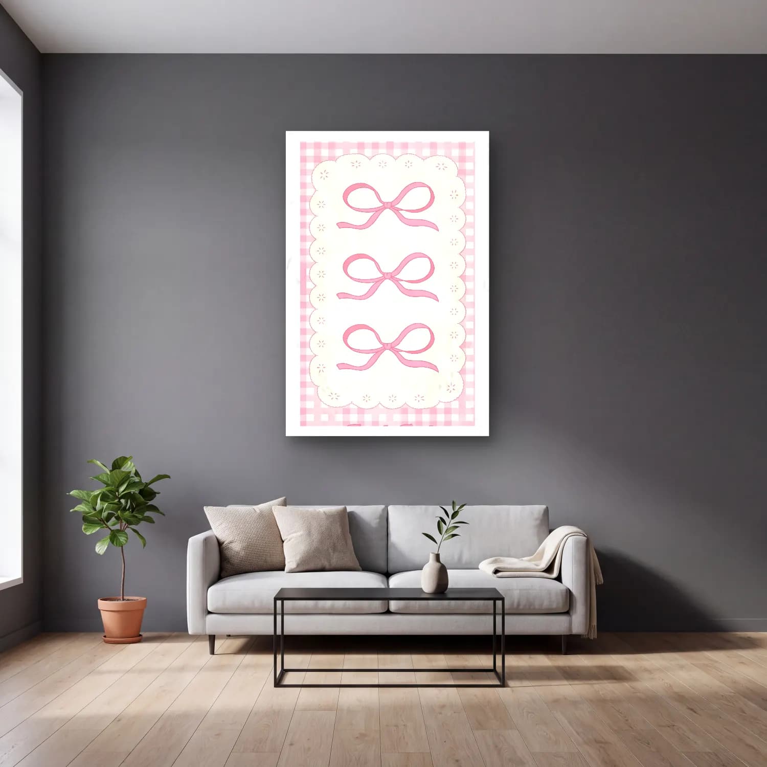 Pastel Fiyonk No. 64 cam tablo — gri duvarlı salonda