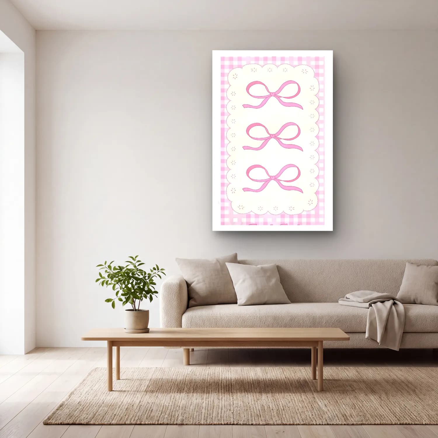Pastel Fiyonk No. 64 cam tablo — açık renk salonda