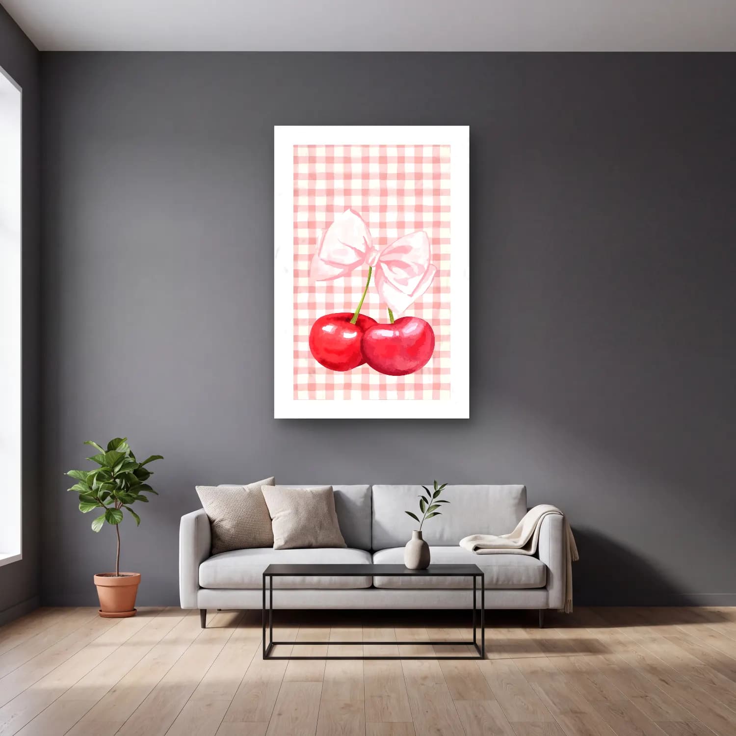 Pastel Kirazlar No. 6 cam tablo — gri duvarlı salonda