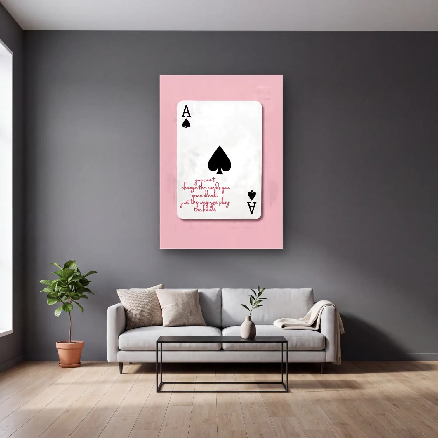Pop Art Söz Posteri – Pembe Tonlar cam tablo — gri duvarlı salonda