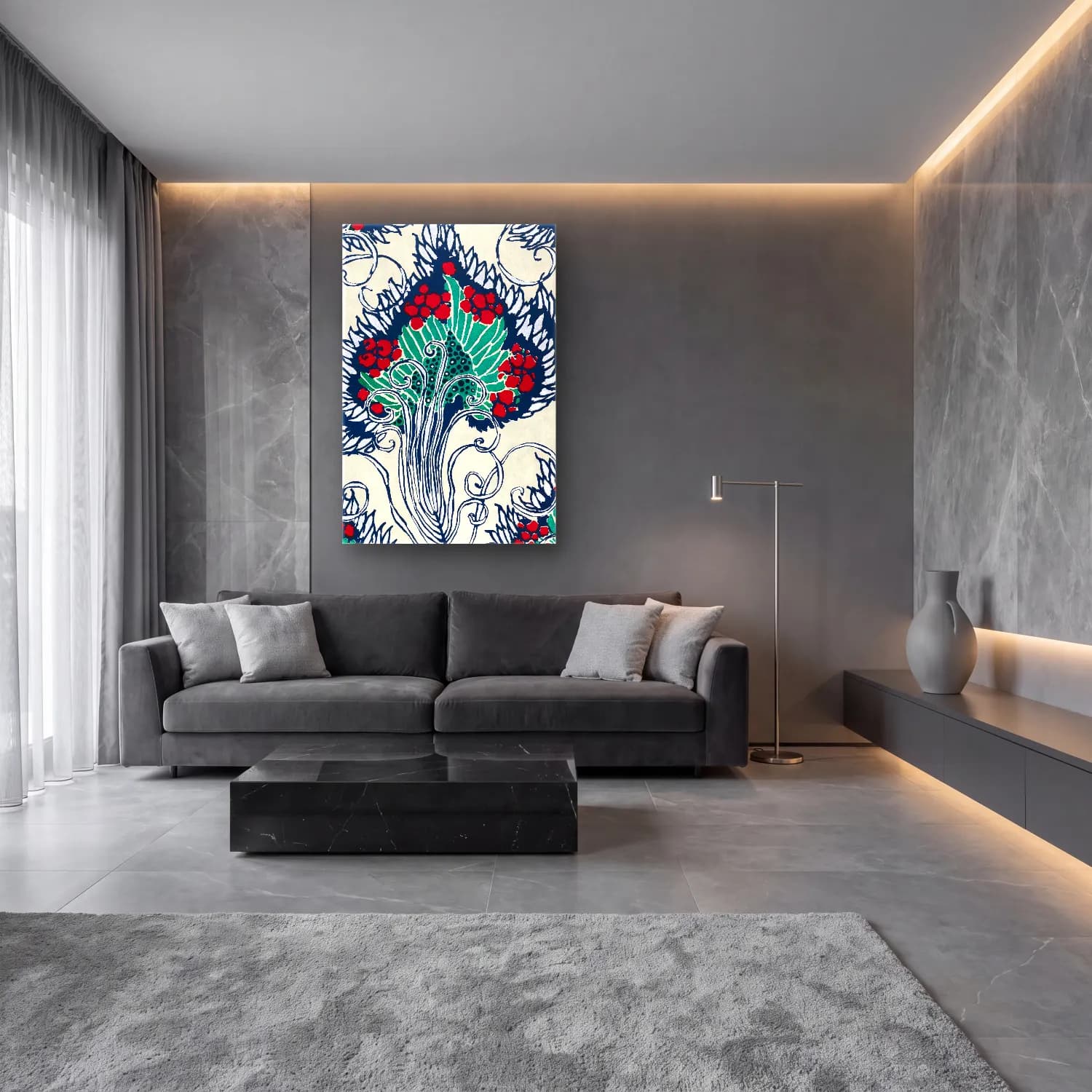 Boho Çiçek Deseni No. 98 cam tablo — lüks salon duvarında