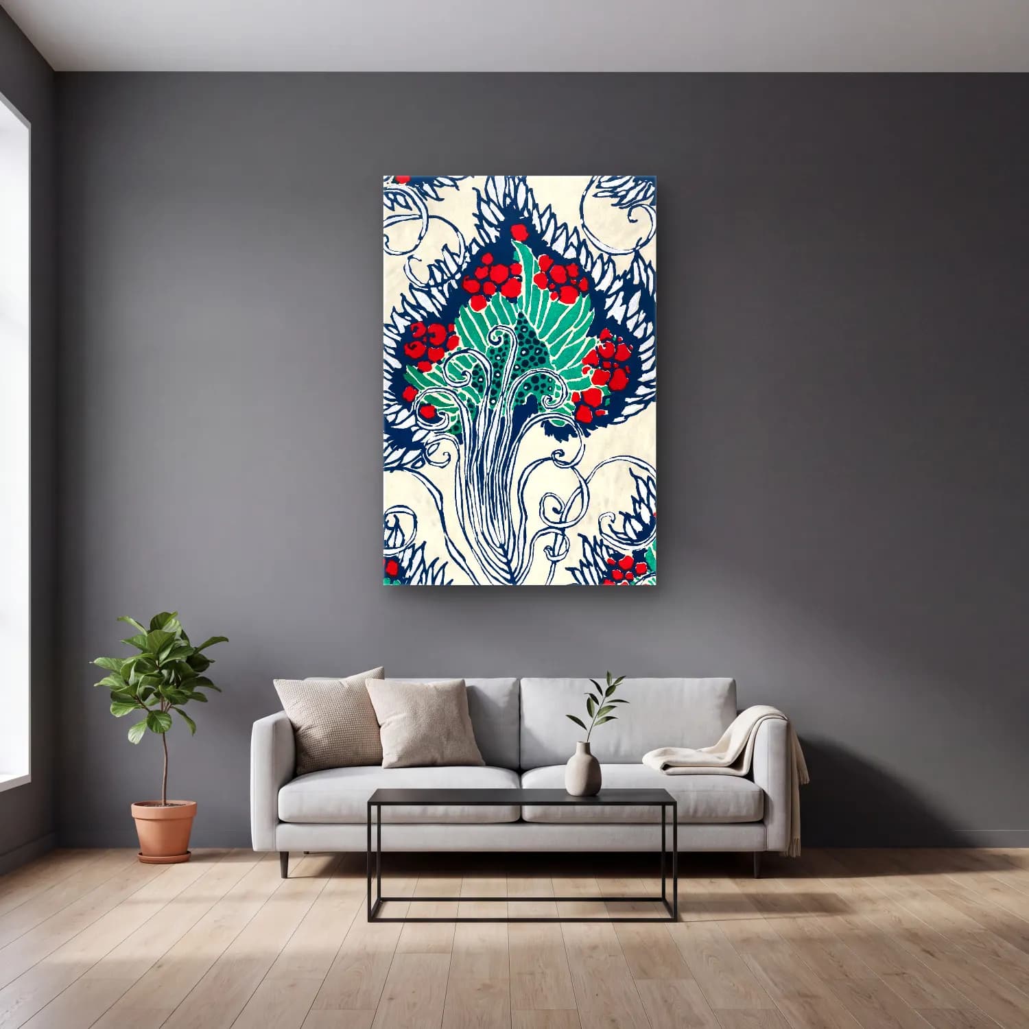 Boho Çiçek Deseni No. 98 cam tablo — gri duvarlı salonda