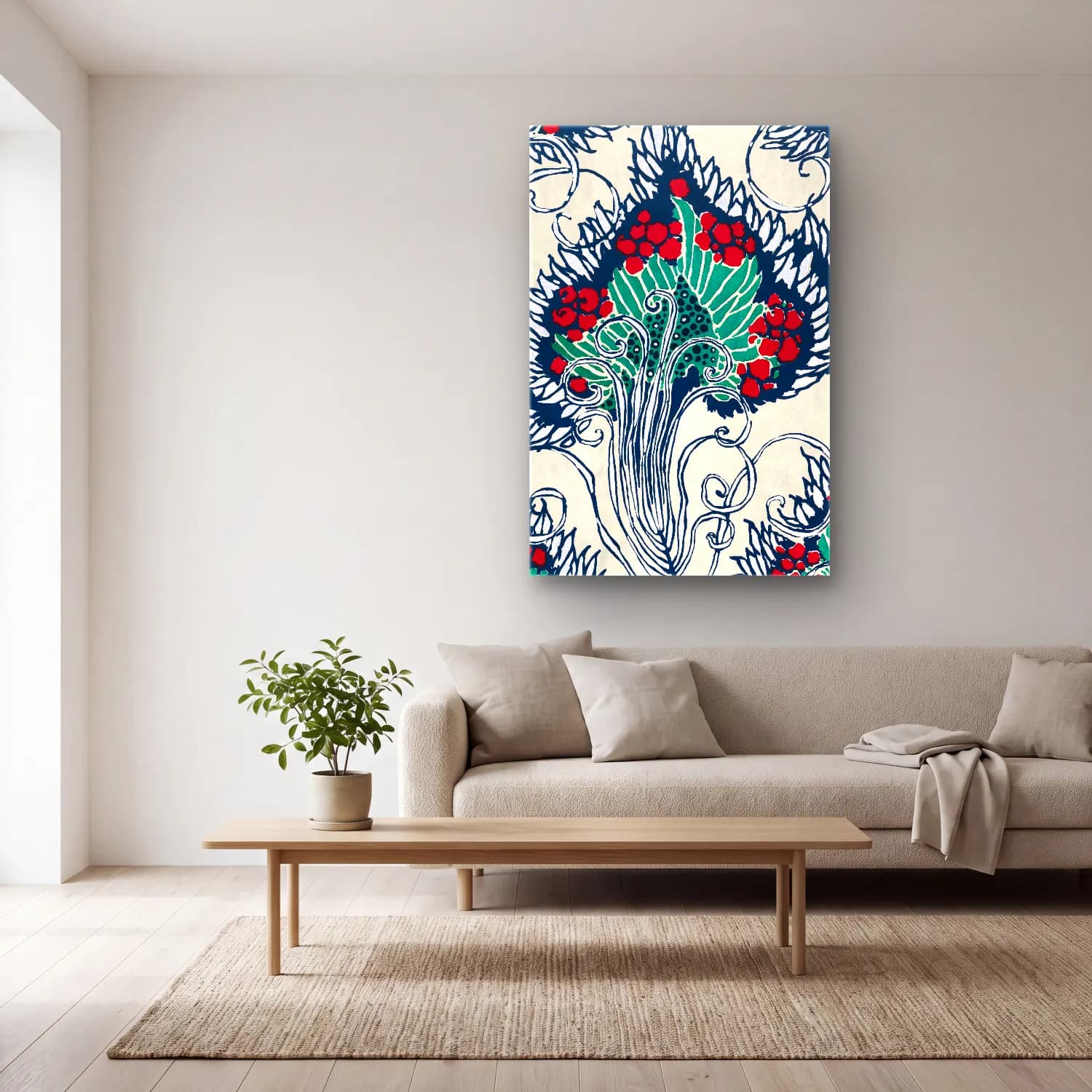 Boho Çiçek Deseni No. 98 cam tablo — açık renk salonda