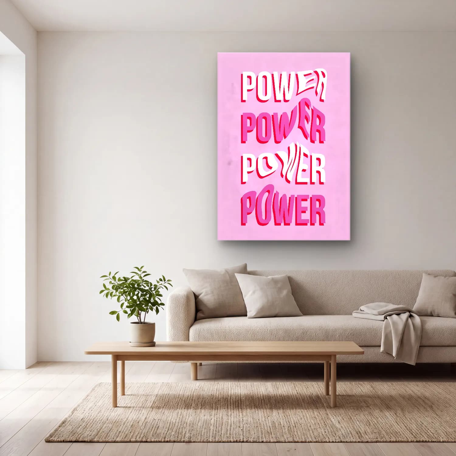 Pop Art Yazılı Tasarım – Pembe Tonlar cam tablo — açık renk salonda