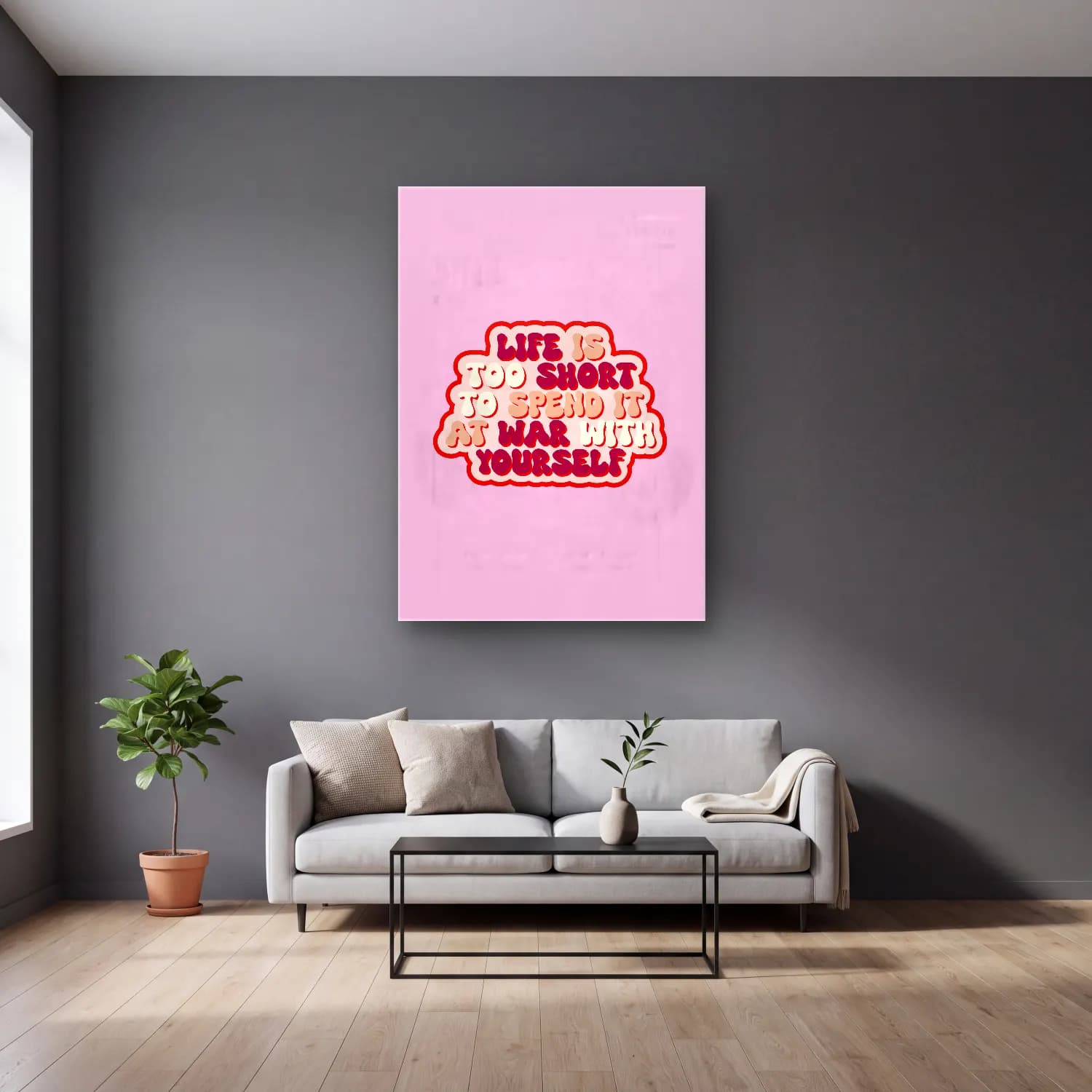 Pastel Söz Posteri No. 13 cam tablo — gri duvarlı salonda