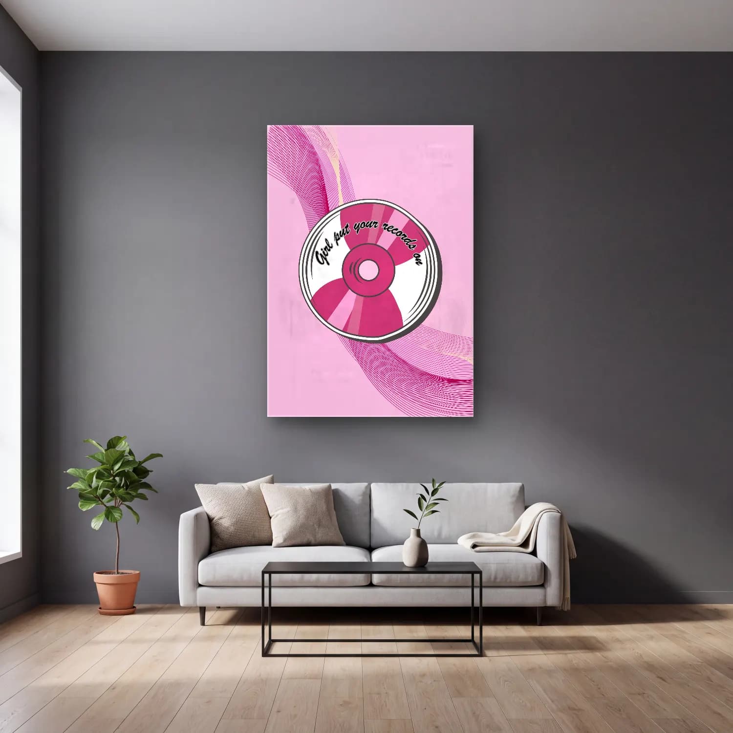 Pastel Plak – Pembe Tonlar cam tablo — gri duvarlı salonda