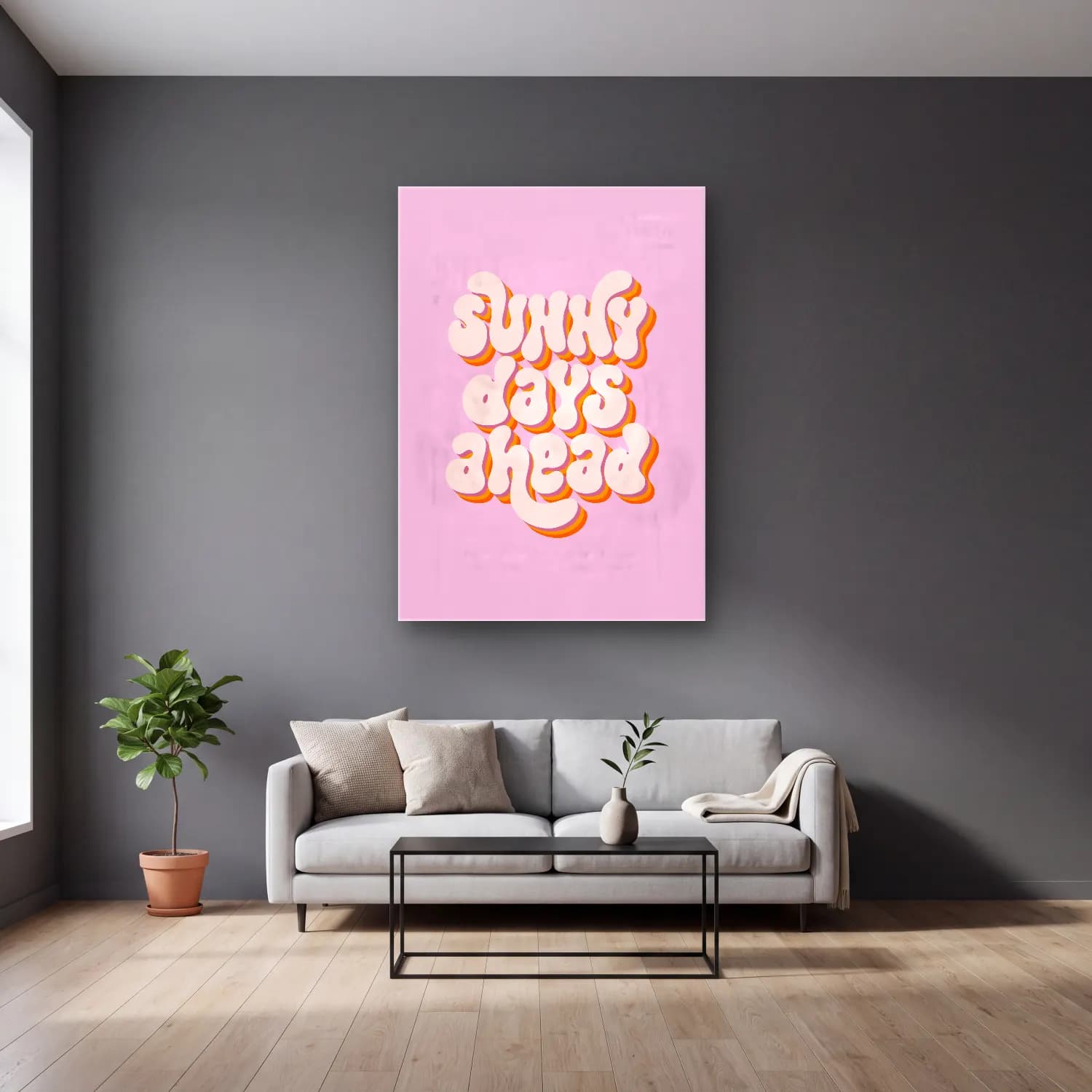 Pastel Yazılı Tasarım No. 38 cam tablo — gri duvarlı salonda