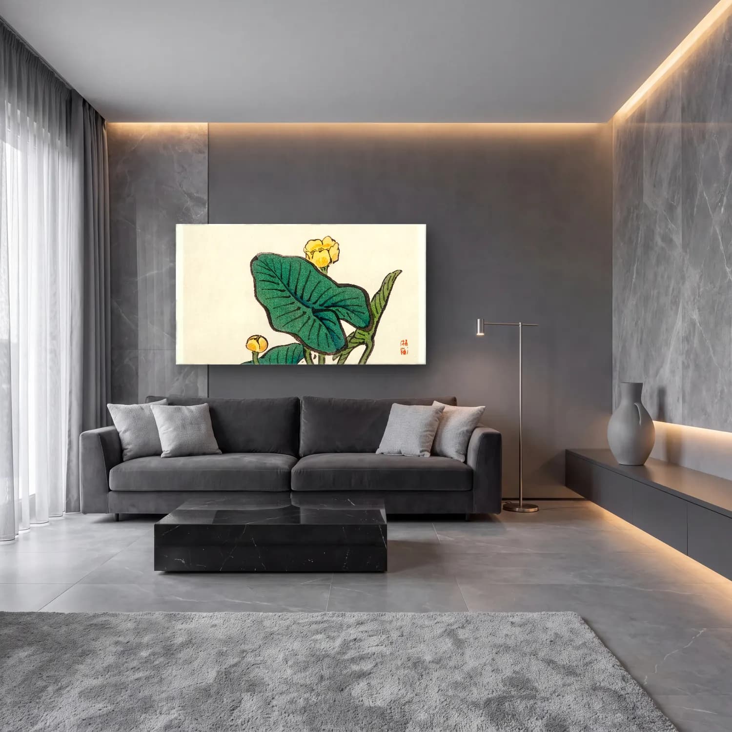 Botanik İllüstrasyon Lotus Çiçekleri – Sarı Tonlar cam tablo — lüks salon duvarında