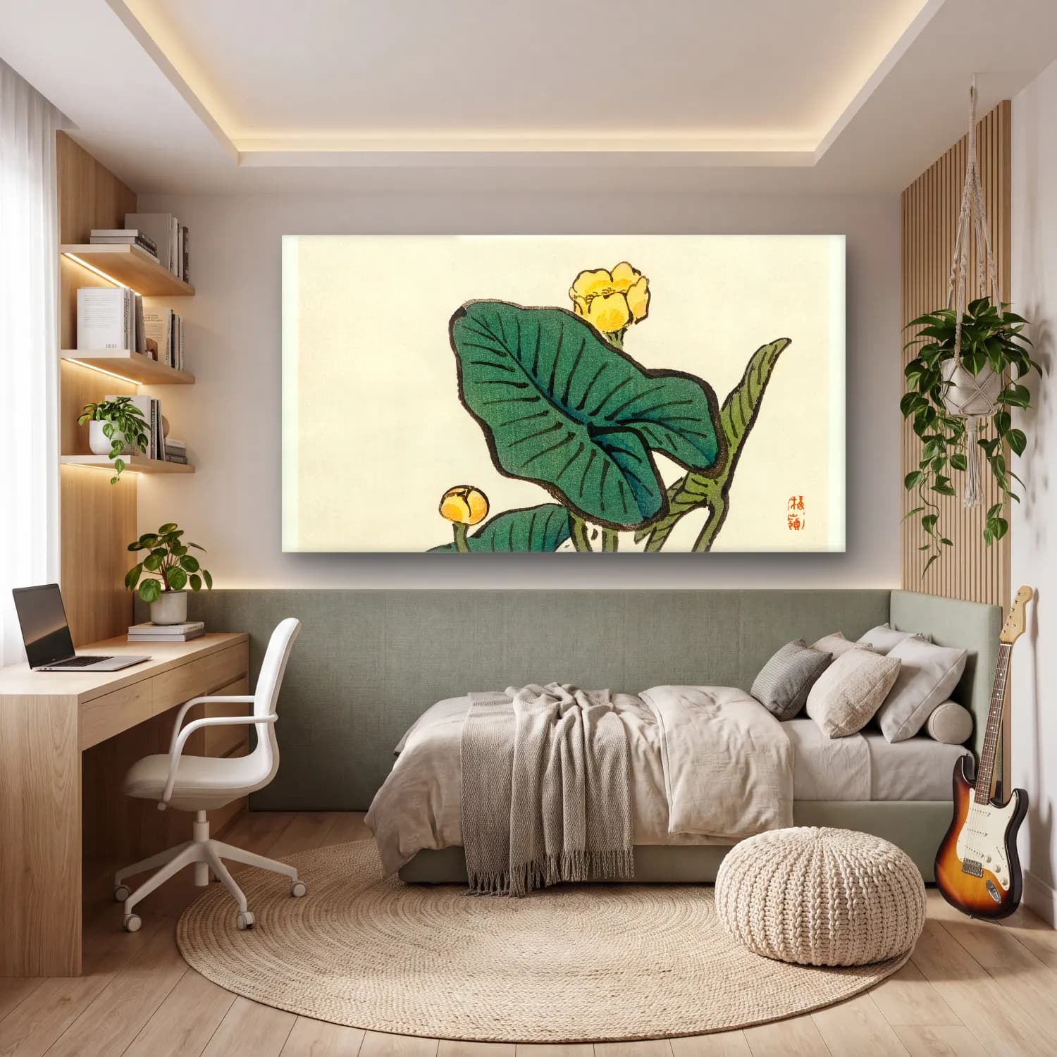 Botanik İllüstrasyon Lotus Çiçekleri – Sarı Tonlar cam tablo — genç odasında