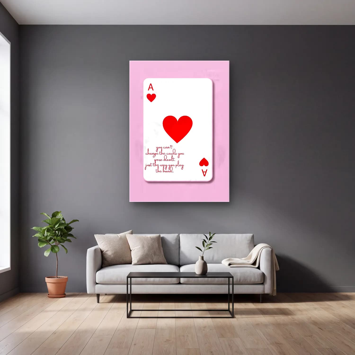 Pop Art Söz Posteri No. 4 cam tablo — gri duvarlı salonda