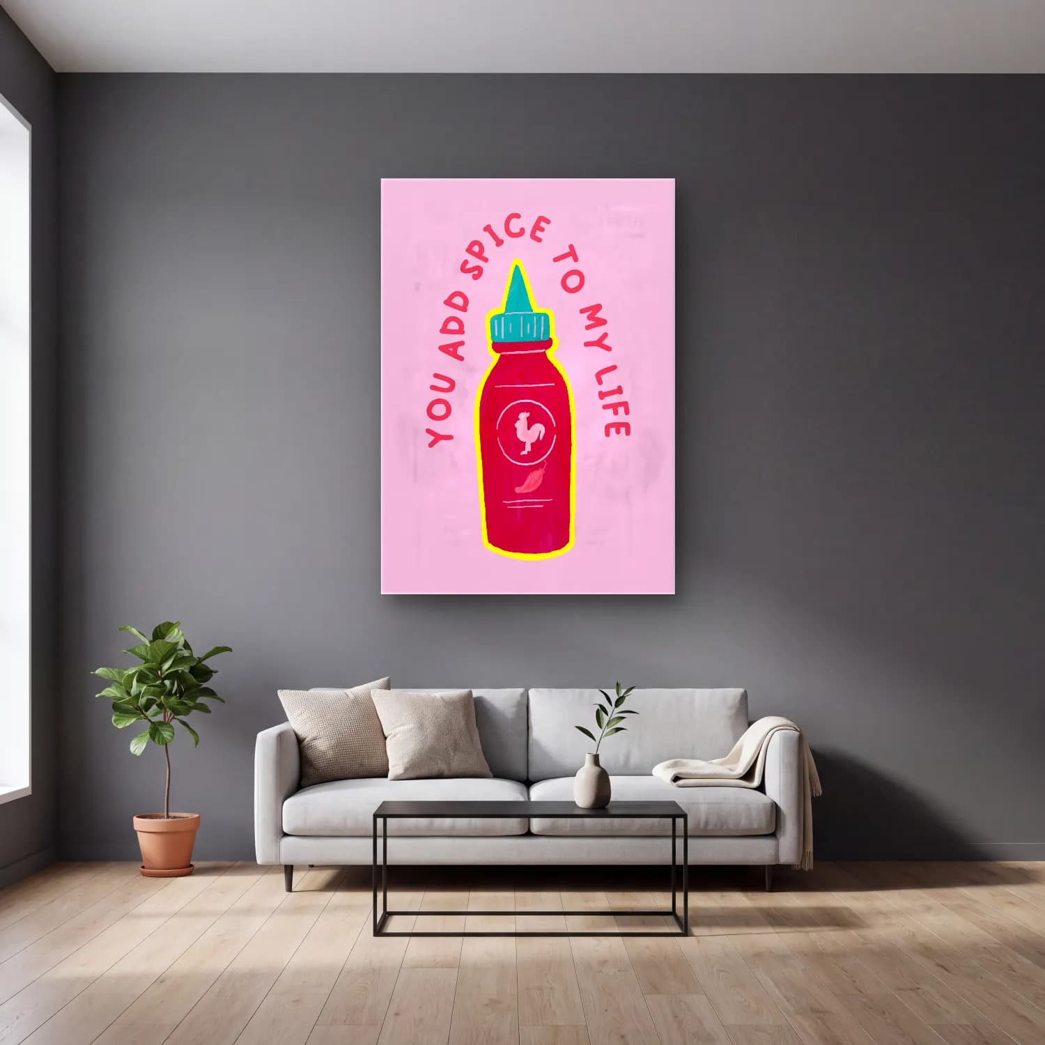 Sevimli İllüstrasyon Horoz – Pembe Tonlar cam tablo — gri duvarlı salonda