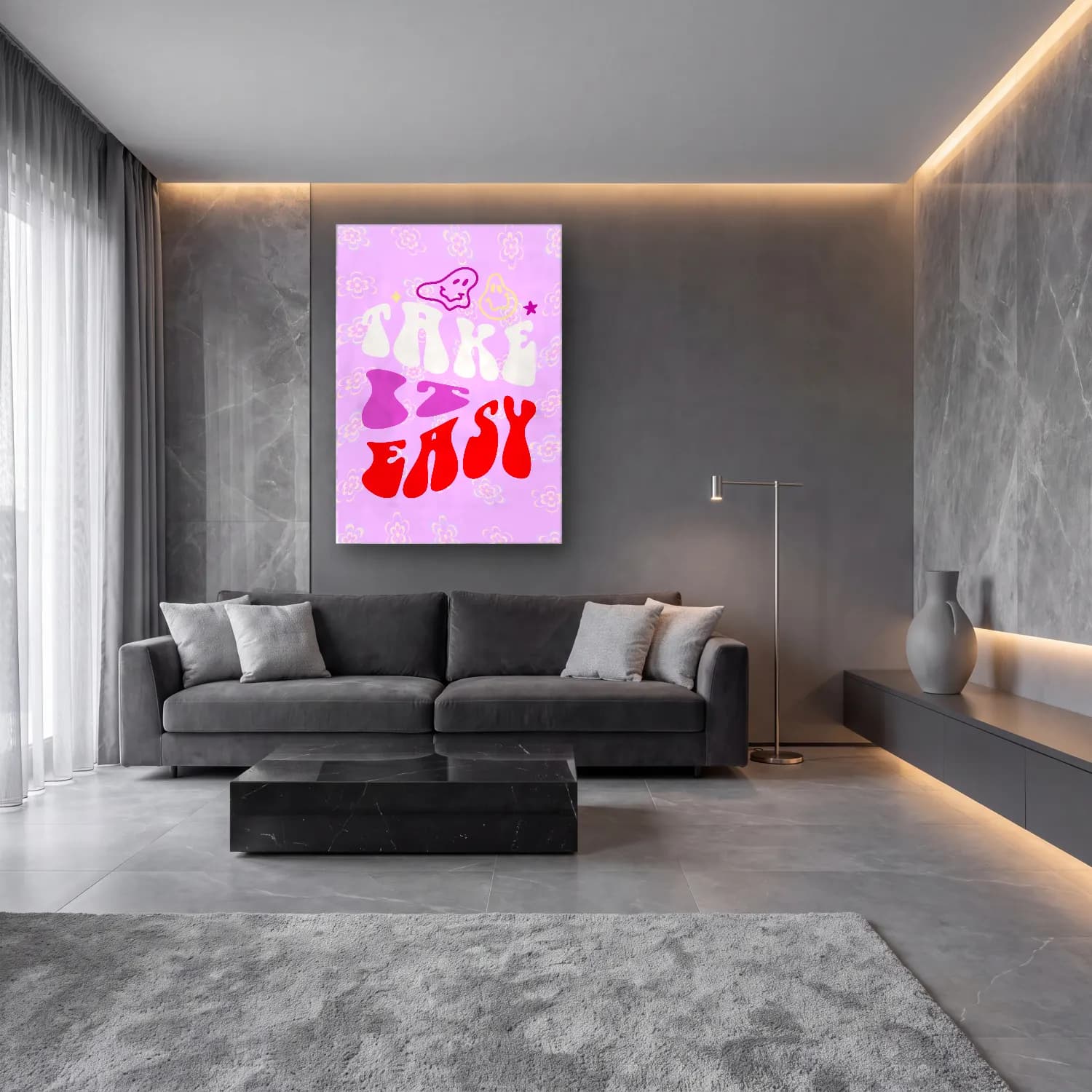 Pastel Yazılı Tasarım No. 41 cam tablo — lüks salon duvarında