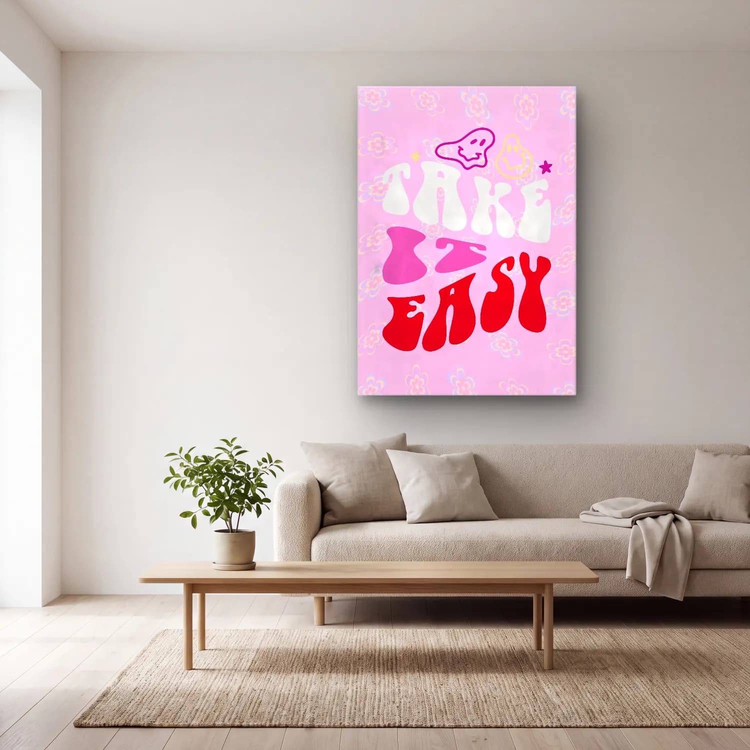 Pastel Yazılı Tasarım No. 41 cam tablo — açık renk salonda