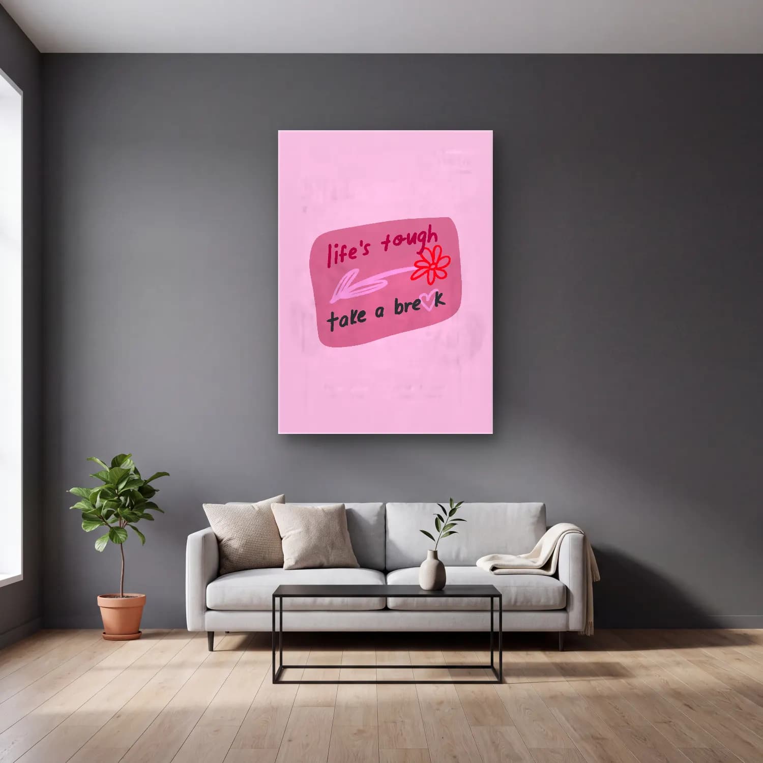 Pastel Söz Posteri No. 16 cam tablo — gri duvarlı salonda