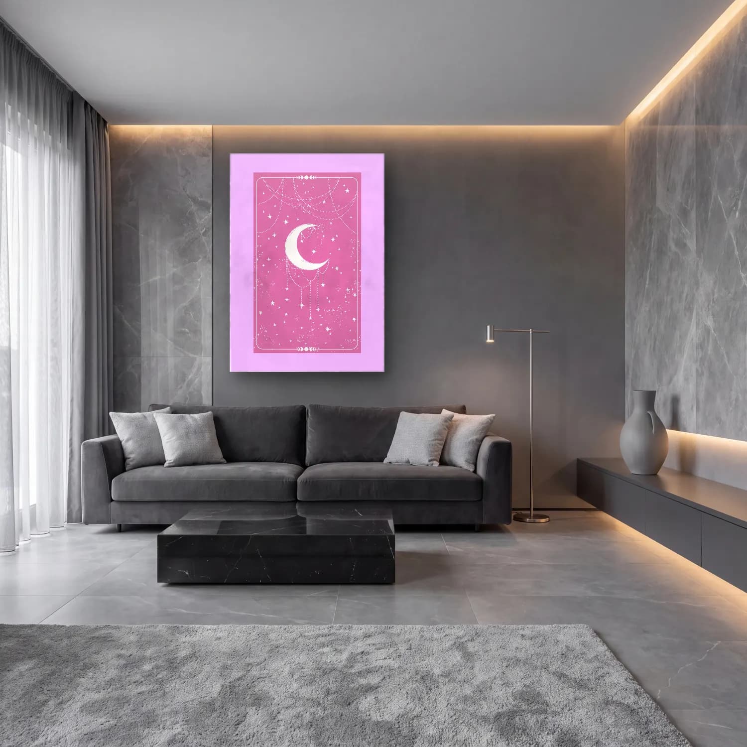 Pastel Ay ve Gece No. 9 cam tablo — lüks salon duvarında
