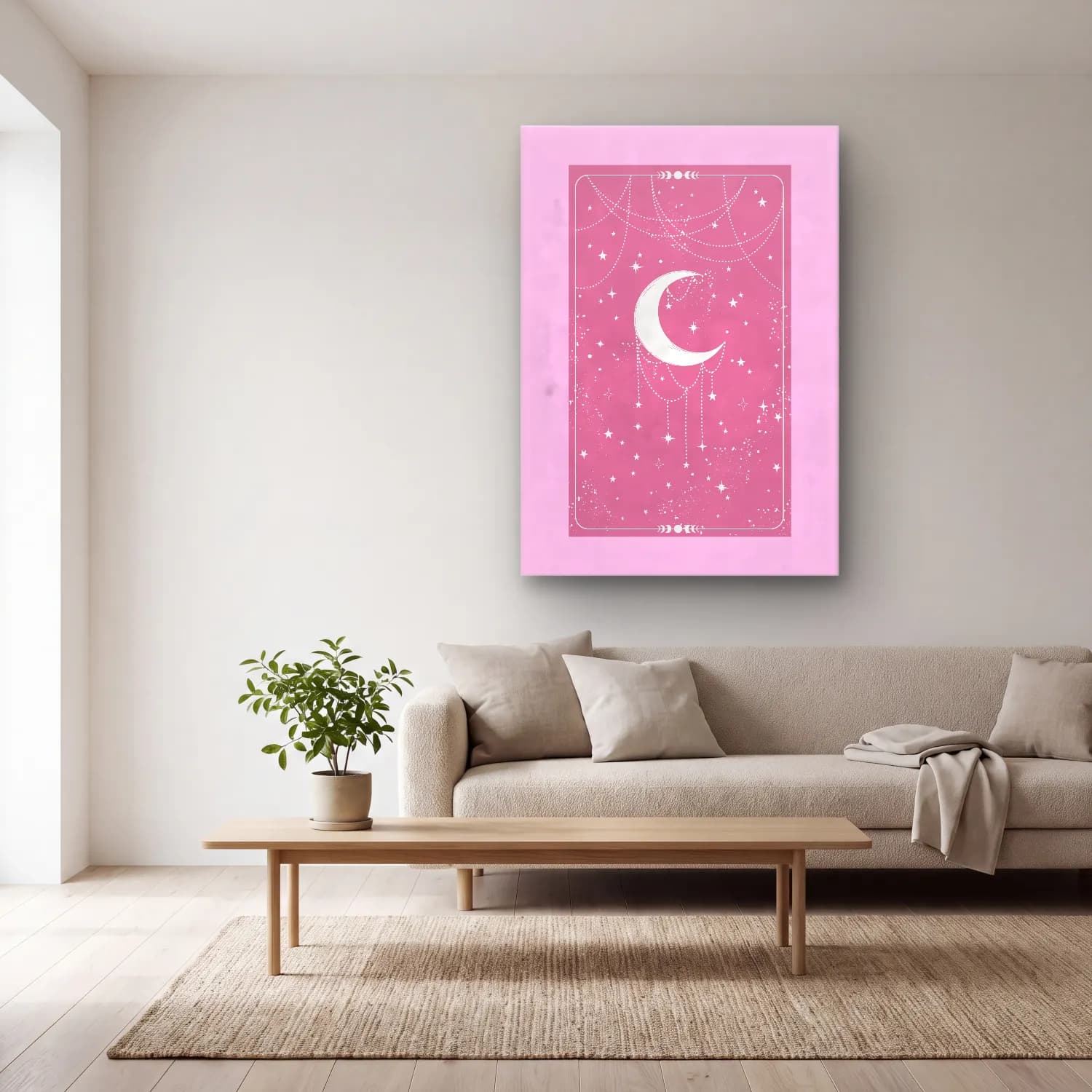 Pastel Ay ve Gece No. 9 cam tablo — açık renk salonda