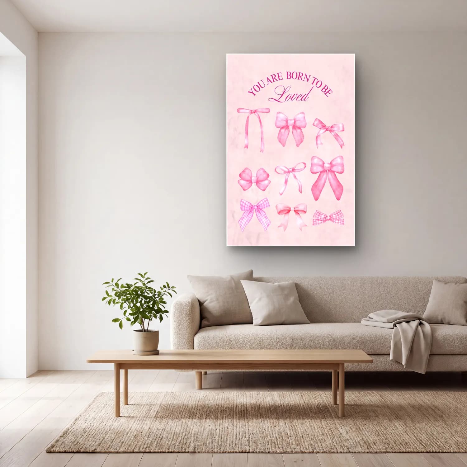 Pastel Fiyonk No. 65 cam tablo — açık renk salonda
