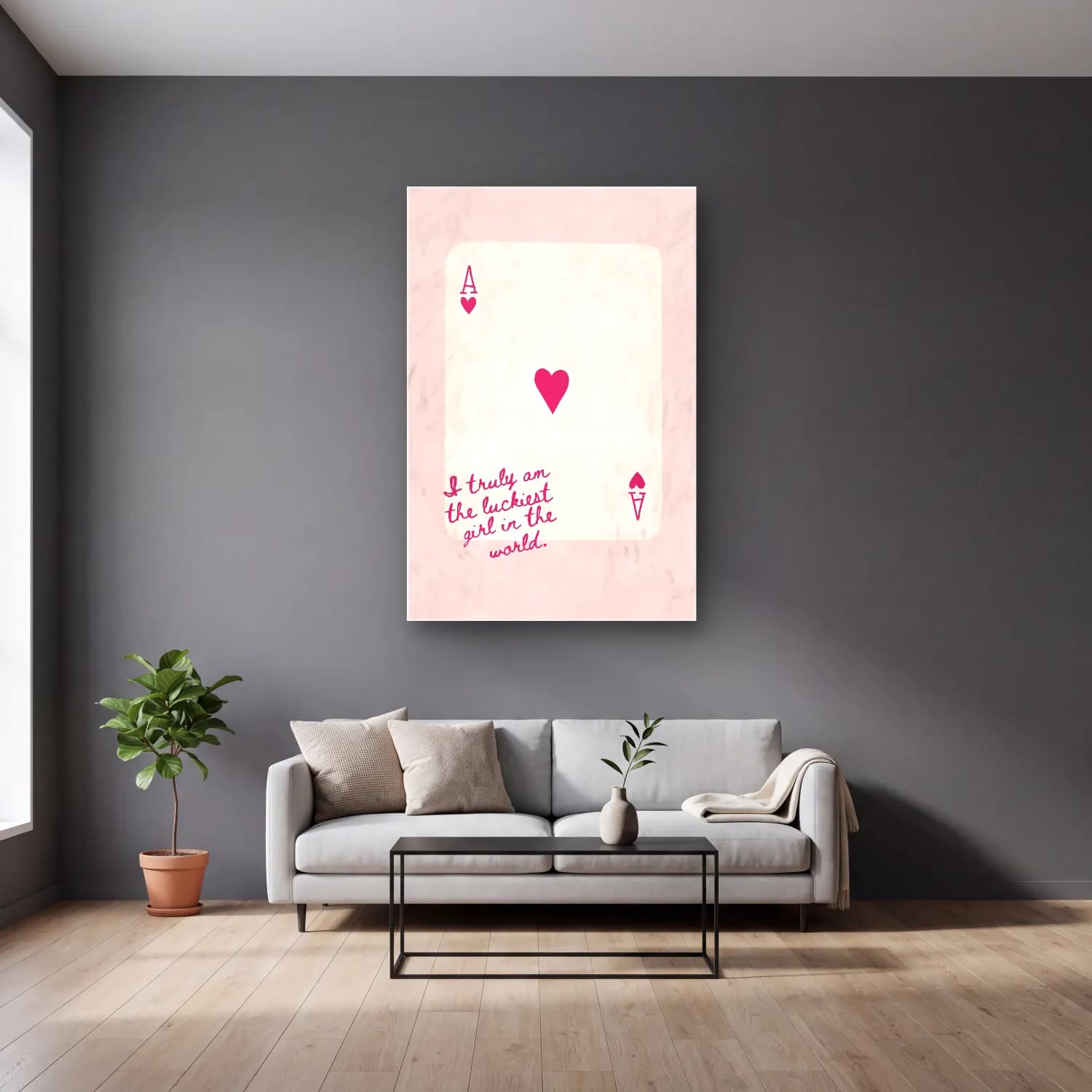 Pastel Söz Posteri No. 17 cam tablo — gri duvarlı salonda