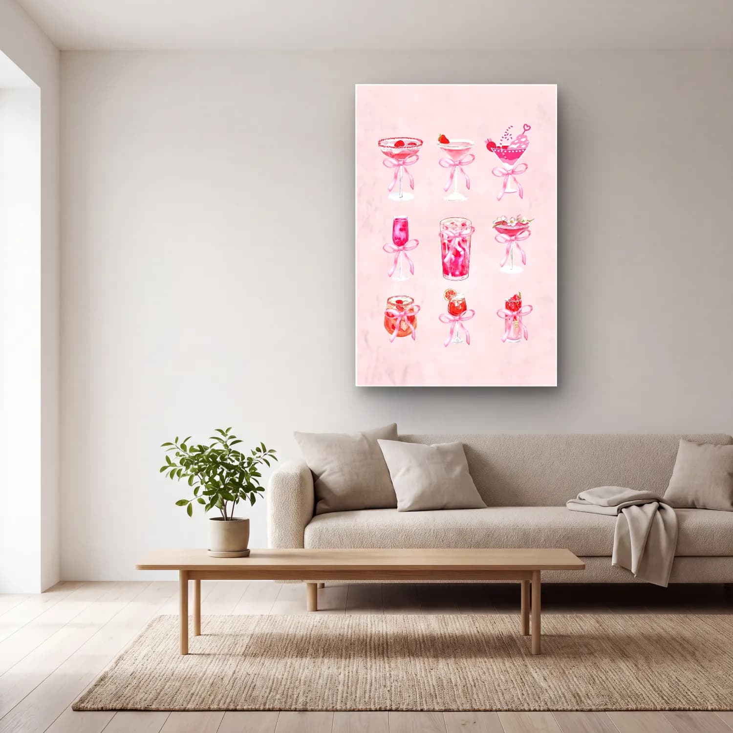 Pastel Kokteyl No. 11 cam tablo — açık renk salonda