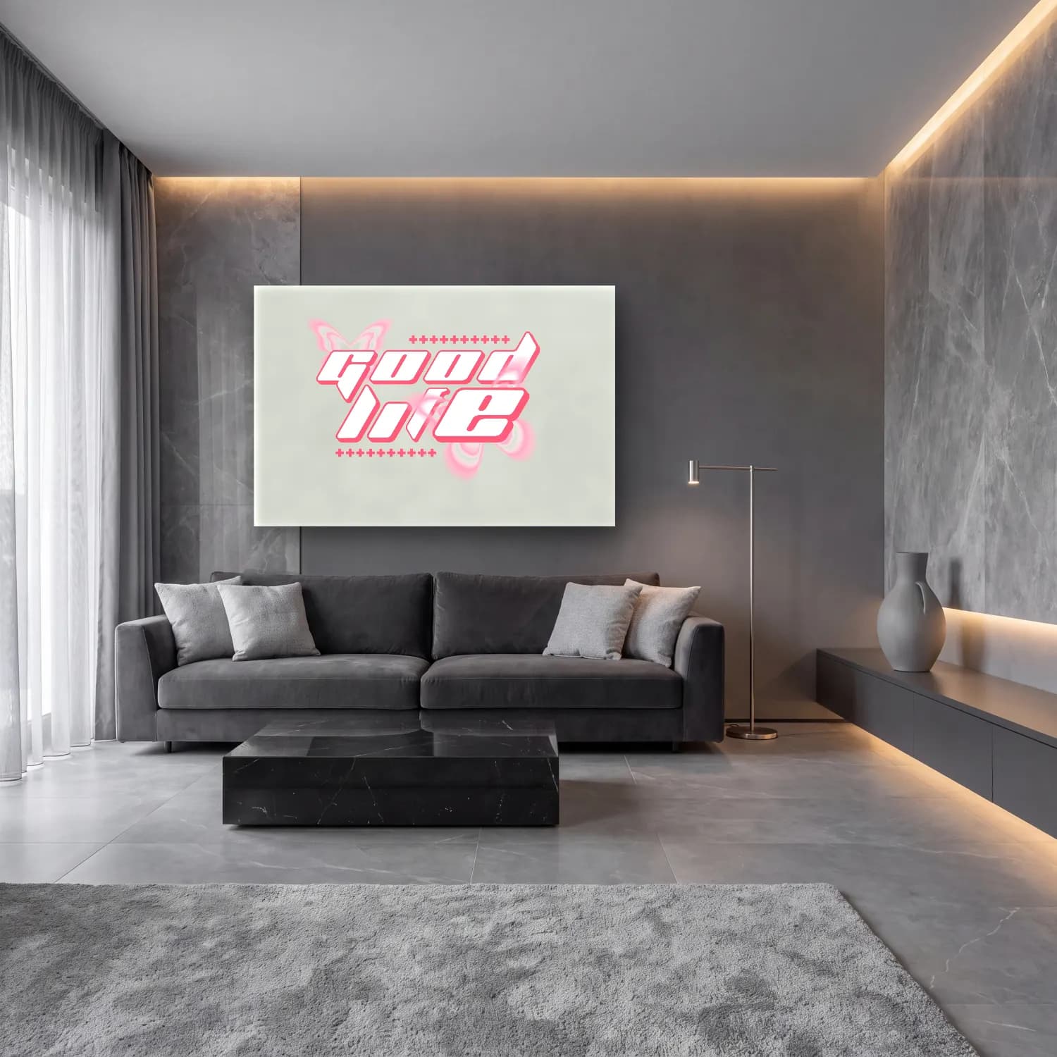 Pastel Yazılı Tasarım No. 44 cam tablo — lüks salon duvarında
