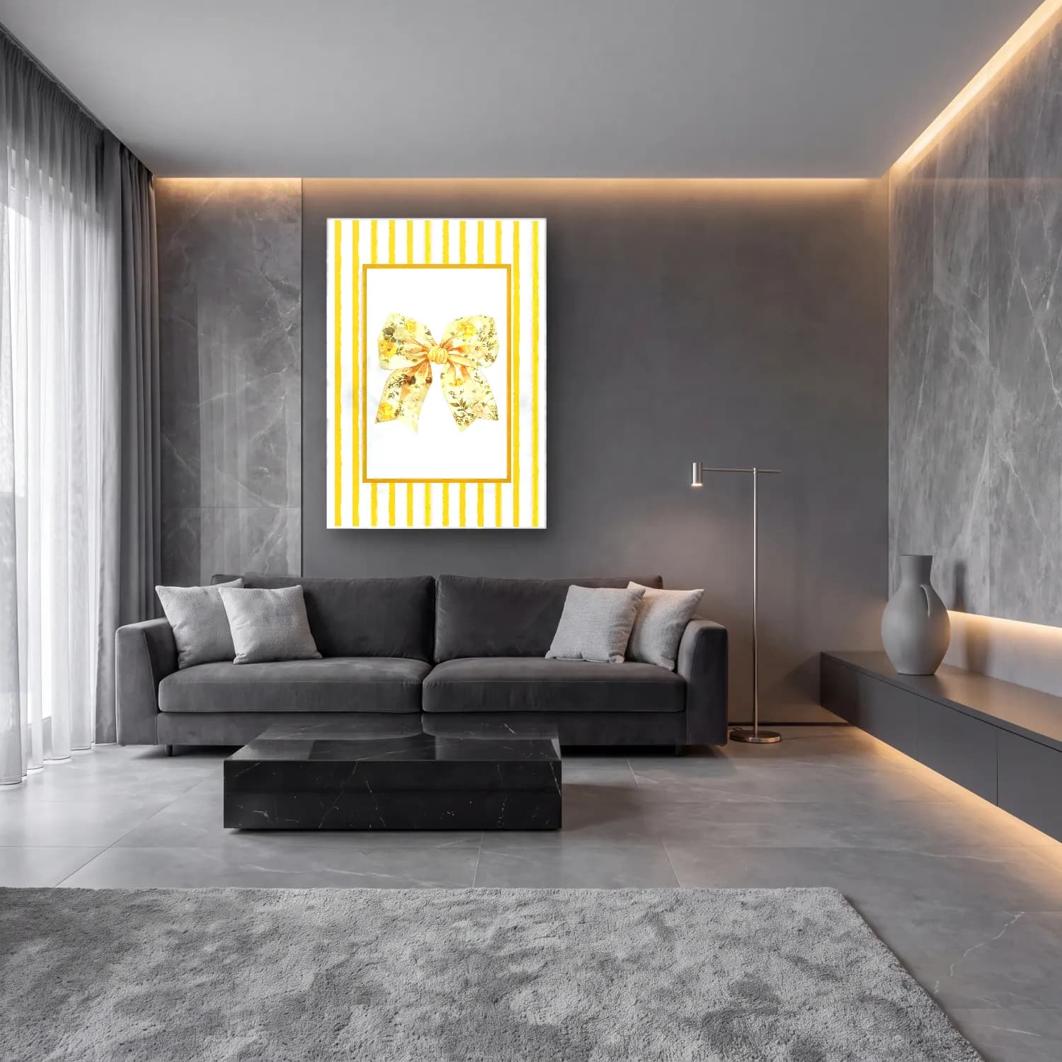 Pastel Fiyonk No. 66 cam tablo — lüks salon duvarında