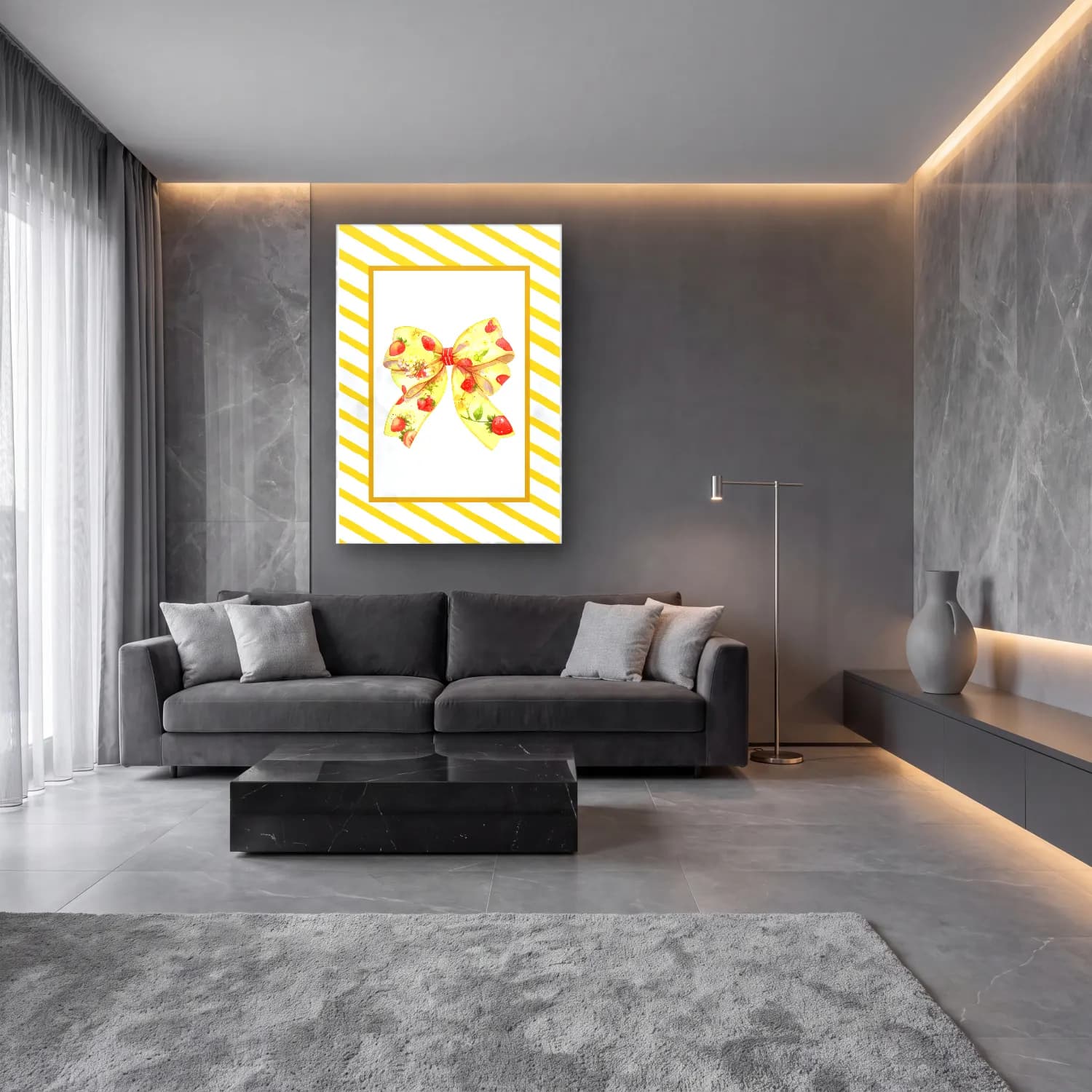Pastel Fiyonk No. 67 cam tablo — lüks salon duvarında