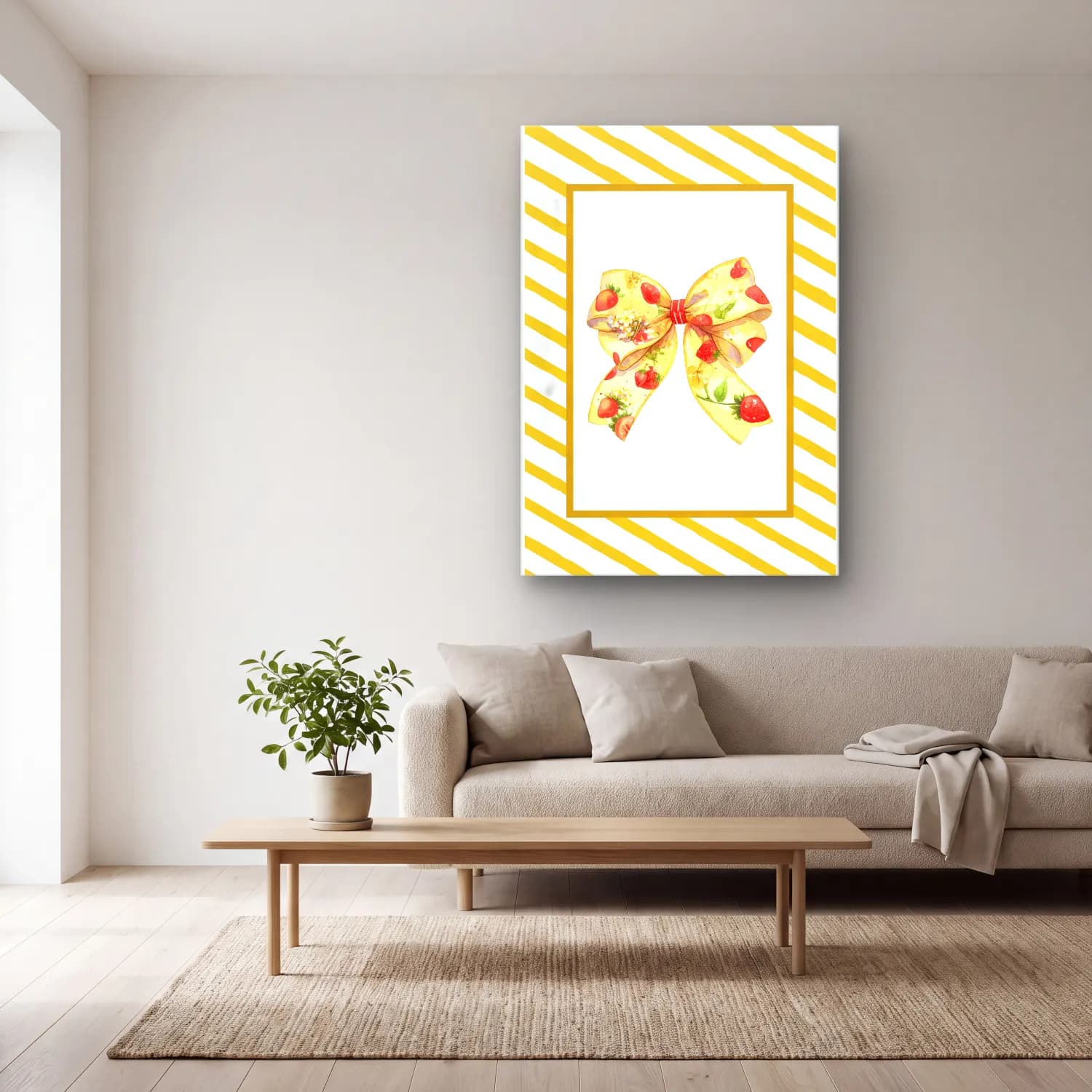 Pastel Fiyonk No. 67 cam tablo — açık renk salonda