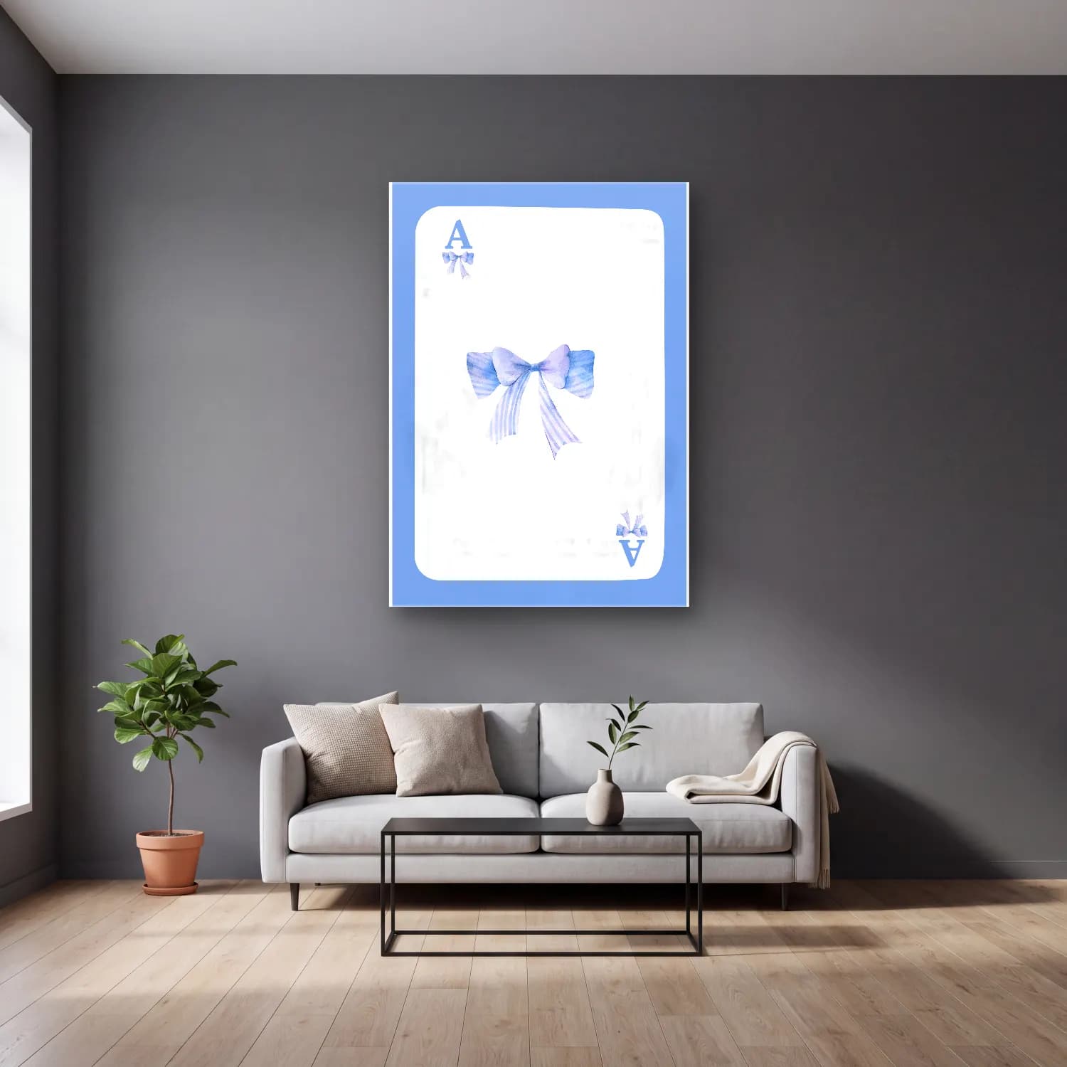 Pastel Fiyonk No. 69 cam tablo — gri duvarlı salonda