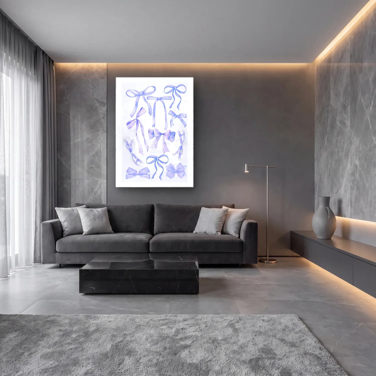 Pastel Fiyonk No. 70 cam tablo — lüks salon duvarında