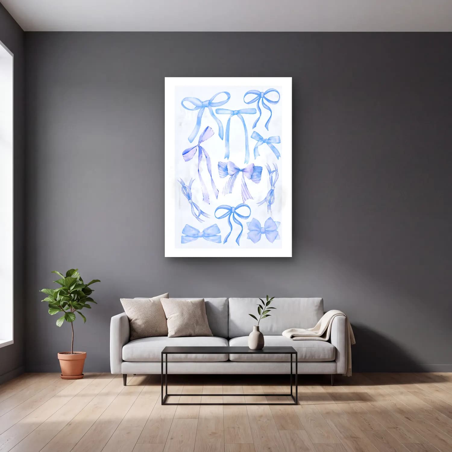 Pastel Fiyonk No. 70 cam tablo — gri duvarlı salonda